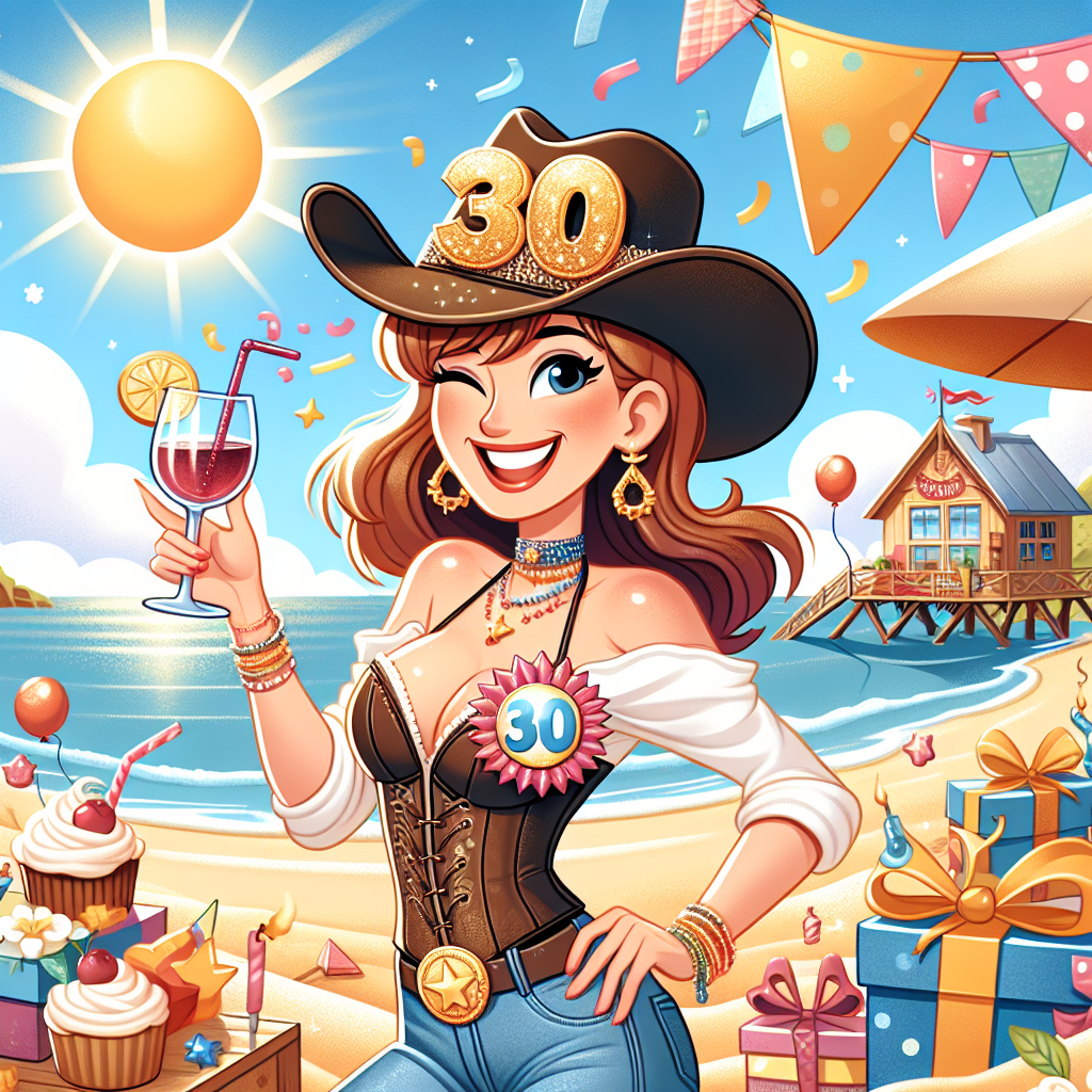Create a cartoon-style illustration of a joyful beach scene under a bright sun. The central character is a Caucasian woman in her 30s, wearing a stylish western outfit including a cowgirl hat, and a glittering '30' badge, representing her milestone birthday. The scene has an inclusive, party atmosphere with lively birthday decorations like balloons and streamers. She's holding a glass of wine in one hand and a vibrant cocktail in the other, hinting at celebratory festivities. The seascape includes a festively adorned hut, and the sand is speckled with birthday gifts and cupcakes, contributing to an overall ambience of a cheerful birthday gathering.
Generated with these themes: Cowgirl hat , Wine , Cocktail , Beach , and 30th birthday .
Made with ❤️ by AI.