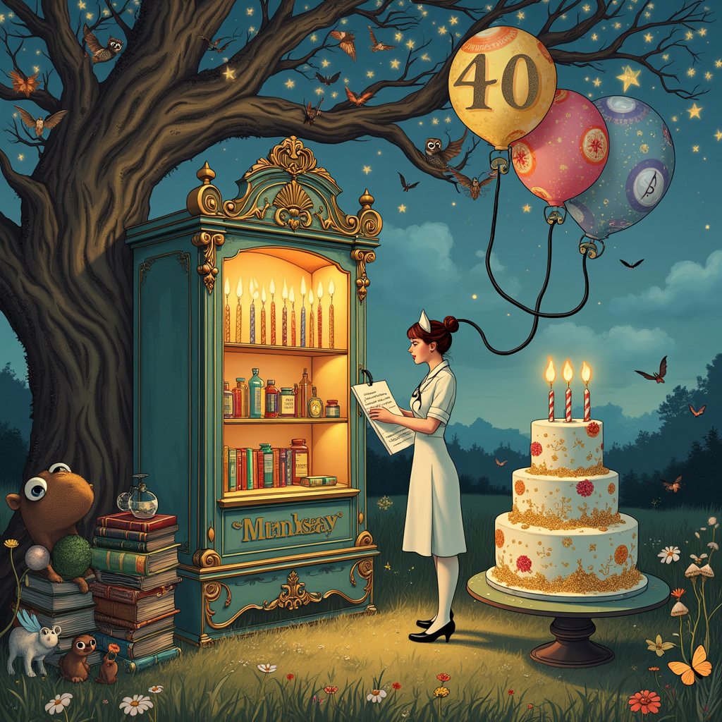 The scene is set in a whimsical, enchanted meadow filled with surreal elements. In the center of the scene, there’s a large, ornate, vintage medicine cabinet, slightly ajar, from which colorful balloons are escaping. Each balloon has intricate designs inspired by Aubrey Beardsley, featuring elegant, flowing lines and floral motifs in shimmering gold and silver glitter.

In the foreground, a nurse dressed in a 1920s style uniform, reminiscent of a character from a Norman Rockwell painting, holds a stethoscope made of glistening, translucent material that catches the light. The nurse is standing beside a grand birthday cake adorned with forty glittering candles, each shaped like tiny medicinal vials. The cake’s icing is a vibrant, swirling mix of colors, and atop it, the name “Lindsay” is written in a lavish script made of edible gold glitter.

To the left, a Maurice Sendak-inspired whimsical creature with friendly, expressive eyes is holding a glitter-covered prescription pad, scribbling notes with an oversized quill. Next to it, there’s a stack of oversized, ornate medical books, their covers illustrated with fairy-tale elements in a style reminiscent of Arthur Rackham.

In the background, a large, intricately detailed tree resembling the works of Maxfield Parrish is dotted with bioluminescent mushrooms. Among its branches hang numerous stethoscopes like garlands, their earpieces glowing softly. 

The sky above is a twilight gradient from deep blue to soft purple, filled with Edward Gorey-esque bats and owls, but in a more whimsical and less eerie fashion. Amidst the clouds, the letters of “Happy 40th Birthday, Lindsay!” are formed from shimmering, sparkling stars, creating a dazzling effect.

Each element is intertwined with a touch of glitter, creating a fantastical, surreal birthday celebration that seamlessly incorporates all the themes into a cohesive, magical scene.
Generated with these themes: 40th birthday, Balloons, Nurse, Stethoscope , Medicine , and Glitter .
Made with ❤️ by AI.