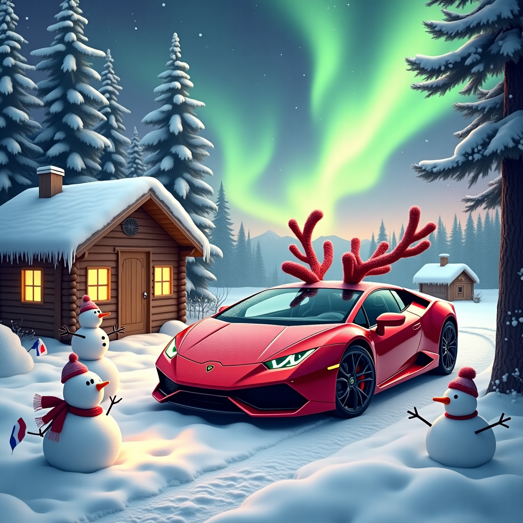 On the front of the Christmas greeting card, imagine a captivating winter scene set in the Finnish countryside. A sleek, candy-apple red Lamborghini is parked on a snow-covered path, its shiny surface dusted with a layer of pristine snow, giving it a festive, frosty look. The car is adorned with reindeer antlers attached to the roof, and a comically oversized red nose on the front grill, turning it into Santa’s new high-speed sleigh. Surrounding the Lamborghini are towering pine trees, their branches weighed down with snow, creating a natural archway. To the side, a small wooden Finnish cabin peeks out from beneath a fluffy blanket of snow, with soft, golden light emanating from its windows. Icicles dangle from the roof, shimmering in the winter sunlight. A family of snowmen, complete with carrot noses and coal eyes, are positioned in the foreground, appearing to admire the luxurious vehicle. One snowman holds a miniature Finnish flag, and another wears a Santa hat. In the background, the Northern Lights dance across the sky in vibrant hues of green and purple, adding a magical touch to the wintry scene. Tucked in one corner, a traditional Finnish sauna with smoke gently curling from its chimney hints at warmth and coziness amidst the icy surroundings. This card seamlessly blends luxury with holiday charm, capturing a uniquely humorous take on a Christmas in Finland.
Generated with these themes: Lamborghini in Finland with a covering of snow .
Made with ❤️ by AI.