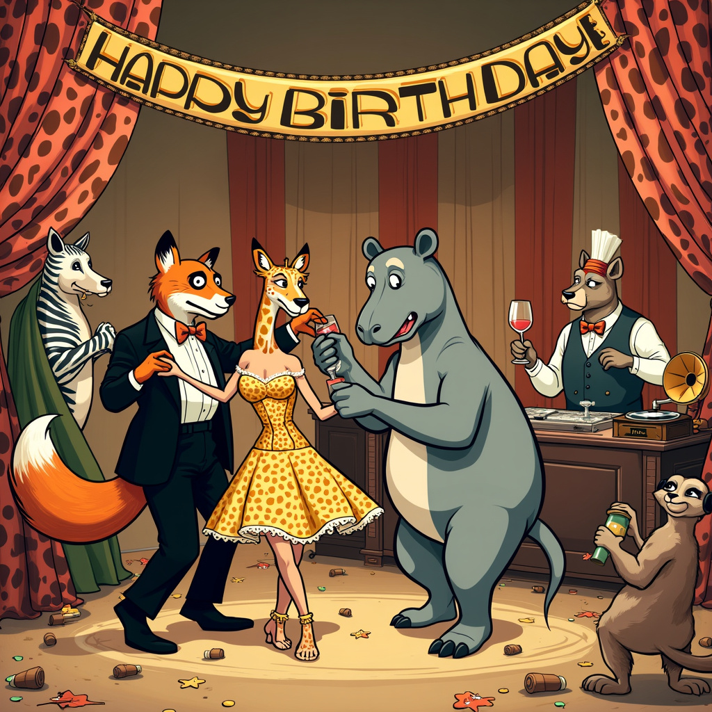 Picture this: The scene unfolds in a lively, cartoonish ballroom that's vibrantly decorated for a birthday celebration. The background is adorned with enormous, exaggerated leopard print drapes that cascade from the ceiling to the floor, blending with the comic art style of Charles Schulz and Hergé.

In the center of the room, a whimsical ensemble of anthropomorphic animals are dancing. Think of the charm of Disney’s characters but with a unique twist. A debonair fox in a tuxedo leads a graceful giraffe in a twirl, her dress flowing and patterned in leopard print, reminiscent of Bill Watterson’s dynamic movement scenes.

To the left, a comical, round panda in a too-tight leopard print shirt (a nod to Gary Larson's humor) is mid-spin with a slender, stylish zebra in a cocktail dress, both hooves raised in a perfect dance step. Their expressions are exaggerated in true manga style, reflecting Osamu Tezuka’s influence.

To the right, a jovial hippo sporting a leopard print bowtie and suspenders is holding a wine glass with an oversized, bubbly wine bottle set beside him, drawn with the precise, clean lines of Tintin’s Hergé. He’s playfully pouring wine into the glass of an enthusiastic meerkat wearing a small leopard print hat and doing a dance that’s a mix of jitterbug and breakdancing – a touch of R. Crumb’s zany style.

Above them, banners of leopard print fabric hang with "Happy Birthday" written in elegant, looping script, each letter whimsically illustrated to evoke the artistic spirit of Winsor McCay's dreamscapes.

On the side, an old-fashioned gramophone (a nod to Will Eisner’s attention to detail) blares out lively dance music, and near it, a cartoonish cat DJ wearing oversized headphones and a leopard print vest spins records with exaggerated flair.

The floor is scattered with confetti, wine corks, and discarded leopard print accessories, adding a touch of realistic chaos similar to Art Spiegelman’s raw, honest storytelling. In the background, a large, festively wrapped gift box with a leopard print bow sits waiting to be opened, drawing the viewer’s eye to the scene’s playful central theme.

Each element in this quirky, joyful scene ties back to the themes of leopard print, wine, and dancing, creating a vibrant, detailed tableau for a memorable birthday greeting card.
Generated with these themes: Leopard print, Wine, and Dancing.
Made with ❤️ by AI.