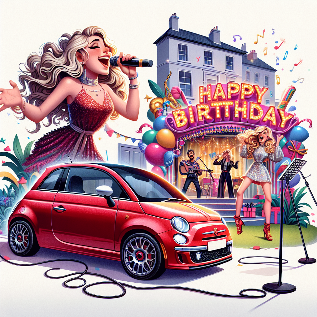 It's a jubilant birthday celebration set in a lively cartoon-style. A Caucasian girl with flowing blonde locks is singing into a microphone with pure joy, steering a shiny, cherry red Fiat 500. On the sidelines, a 'Happy Birthday' sign is beautifully featured amidst a flamboyant decoration reminiscent of musical theatre aesthetics. Adding an unexpected twist to the scene, a fashion-forward male singer is present, boldly wearing a stylish dress. The backdrop details a slightly disheveled student accommodation, perfectly encapsulating the essence of youthful exuberance and free-spirited fun.
Generated with these themes: Girl with long blonde hair driving a red Fiat 500 whilst singing in a microphone, Musical Theatre, Happy Birthday sign, Harry Styles in a dress, and Messy student accommodation.
Made with ❤️ by AI.