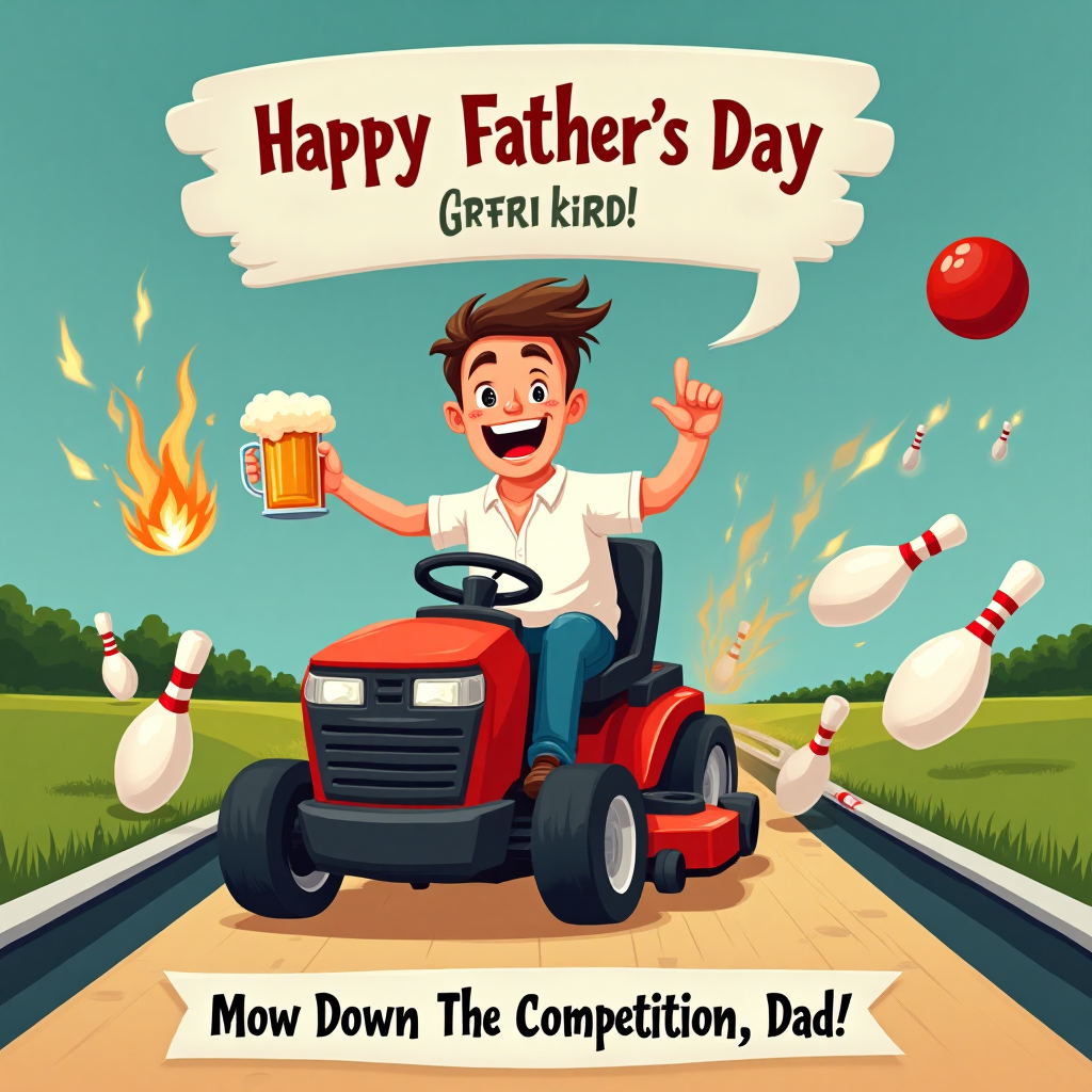 At the top of the Vector Style image, include the text "Happy Father’s Day".

---

Imagine a whimsical and humorous scene in a bright, clean vector style. The focal point is a dad with a playful grin, sitting on a ride-on mower. But instead of mowing a lawn, he's cruising over a lane of a bowling alley, leaving a trail of neatly mowed grass among the bowling pins. 

Behind him, a small bonfire flickers gently on the grass in the distance, adding a touch of warmth and humor to the scene. In one hand, the dad holds a frothy mug of beer triumphantly aloft as if toasting to the great strike he's about to achieve.

The bowling pins are cartoonishly shocked, some tumbling over and others trying to dodge the approaching mower. The whole scene is wrapped in a playful, dynamic composition with bold, solid color blocks and minimal details.

For a cheeky touch, add a banner across the bottom with the text, "Mow Down the Competition, Dad!"
Generated with these themes: Bonfires, Ride-on mower, Bowling, Beer, and .
Made with ❤️ by AI.