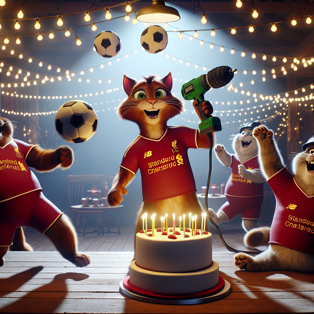 In this amusing scene, animated cats dressed in sports jerseys indicative of a popular Liverpool team joyfully juggle footballs and dance to a country tune. The energy in the setting is infectious, with festoons of tiny lights casting a lively glow. A cake is the centerpiece of the celebration, decorated with a fun, tongue-in-cheek theme: a cartoon cat operates a power tool, playfully filling up balloons with air. The decor manages to strike just the right balance between lighthearted fun and a hint of adult humor.
Generated with these themes: Cats, Country Music, Liverpool Football Club, Electicity, and Blow Jobs.
Made with ❤️ by AI.