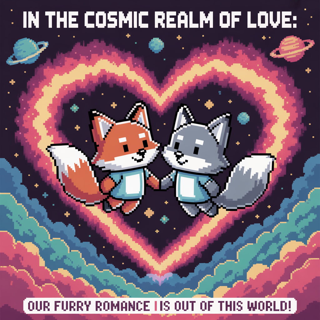 At the top of the image, "In the Cosmic Realm of Love:"

At the bottom of the image, "Our Furry Romance is Out of This World!" 

- Illustrate a vibrant pixel art scene featuring two adorable anthropomorphic characters, one resembling a fox and the other a wolf, floating hand-in-hand in the plenary space. They are surrounded by stars and colorful planets, with a glowing heart-shaped nebula framing their figures, casting a dreamy ambiance.
Generated with these themes: The plenary space, Furries, and .
Made with ❤️ by AI.