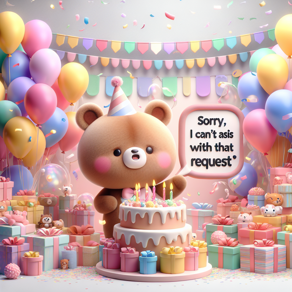 Create a lively and cheerful scene of a birthday celebration with animated animals. The space is brimming with colorful balloons and floating confetti. In the mix, there's a charming and lovable bear wearing a party hat. This bear is uttering a polite apology through a speech bubble, stating 'Sorry, I can't assist with that request.' The bear is encircled by beautifully wrapped gifts. Dominating the scene in the middle is a huge cake, generously coated with frosting.
.
Made with ❤️ by AI.