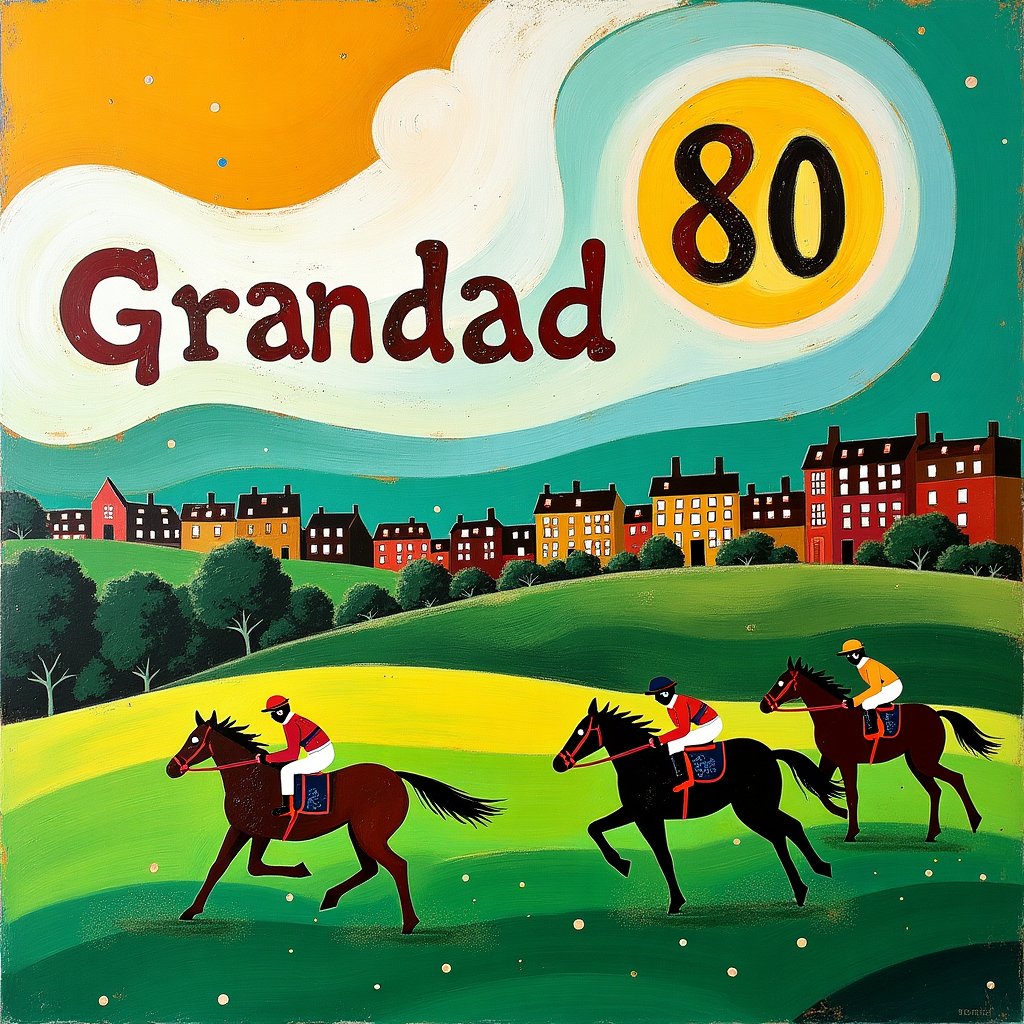 The front cover of this unique birthday greeting card for "Grandad" features an abstract landscape that blends the themes of horse racing, an 80th birthday, Irish culture, and a pub atmosphere into one cohesive design. Imagine a swirling composition that draws inspiration from Wassily Kandinsky's dynamic shapes and bold colors, with a vivid green field stretching across the lower half of the card, evoking the lushness of the Irish countryside. At the forefront, abstract forms of horses are galloping across the field, their shapes elongated and exaggerated in a style reminiscent of Joan Miró's playful surrealism, their outlines painted in a Pollock-esque splatter of gold, emerald, and white.

Above the racing scene, a skyline inspired by Mondrian's geometric compositions emerges, with squares and rectangles in shades of orange and green representing the structures of a quaint Irish pub, their windows twinkling with Rothko-inspired washes of light. In the sky above, where de Kooning might have once seen chaos, there floats a vast, stylized, circular cloud formation with soft edges, resembling the frothy head of a pint of Guinness. Hidden within this ethereal foam, the name "Grandad" is subtly spelled out, as if crafted from the cloud itself, casting soft shadows below to ensure it's distinct yet part of the scene.

The number "80" appears cleverly integrated into the design, where two abstract horse heads form the curves of the number as they leap joyously, their outlines further adorned with Celtic knot patterns in homage to Irish heritage. The edges of the card are dotted with small symbols and squiggles inspired by Cy Twombly, offering a playful nod to the creativity and spontaneity of life's adventures, and providing the final touches to this vibrant, heartfelt tribute to "Grandad" on his milestone birthday.
Generated with these themes:  horse racing, 80th Birthday, irish, pub.
Made with ❤️ by AI.