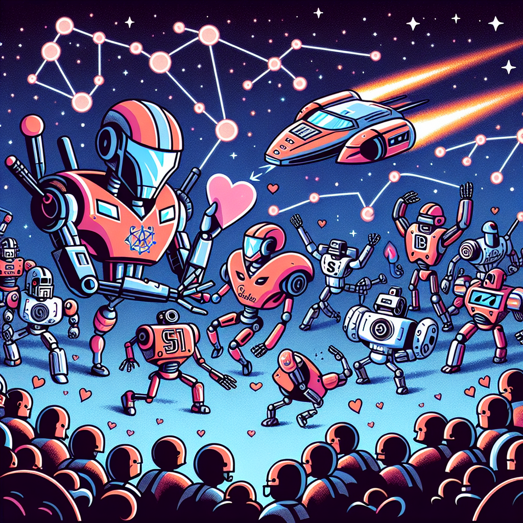 In this cartoon filled with affection, transforming robotic beings from different factions set aside differences, exchanging Valentine cards in the center of an outer space setting. A futuristic starship weaves through a constellation forming the emblem of a popular car brand, as a nod to the concept vehicle S60. Below, a smitten crowd of tiny football players conducts a halftime show, celebrating affection with physics symbols adorning their jerseys. The sports equipment morphs into atomic particles - protons and electrons, caught in a dance of molecular attraction.
Generated with these themes: Transformers toys, Star trek, Volvo S60, Football, and Physics.
Made with ❤️ by AI.
