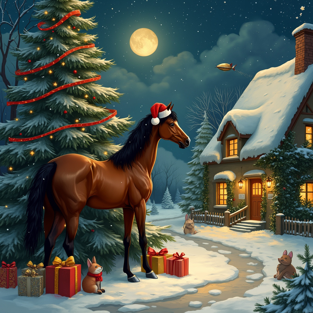 Imagine a whimsical, moonlit Christmas night in a quaint village where snow gently falls and settles like powdered sugar on rooftops. At the center of the scene, a splendid bay horse stands proudly beside a grand Christmas tree adorned with red and gold ribbons that twirl around its lush, evergreen branches like festive garlands. The tree is sprinkled with twinkling stars that appear to have been plucked right from the night sky, their silvery glow casting a magical light over the scene.

The horse, with a glossy coat and a black mane that almost shimmers in the moonlight, wears a playful red Santa hat that’s slightly askew, giving it a humorous and charming appearance. Beside the horse’s hooves, presents wrapped in vibrant, patterned papers are scattered, some with bows untied as if they’ve just been delivered by this equine Santa’s helper.

In the background, there’s a cozy, old-fashioned cottage with a thatched roof and ivy creeping up its walls, soft yellow light pouring from its windows and creating a warm, inviting glow. Snow-covered trees stand sentinel around the house, their branches heavy with snow.

The sky above is a canvas of deep midnight blue, dotted with twinkling stars and a glowing full moon that watches over the village. A few cheeky little woodland creatures, perhaps a fox wearing a tiny scarf or a pair of mischievous rabbits, peek out from behind the tree, curiously watching the scene unfold.

To add a touch of whimsy inspired by Edward Gorey, there’s a small, fantastical airship in the sky, with tiny fairy lights hanging from its gondola, drifting lazily as if it’s on its way to deliver more Christmas cheer.

Incorporating the detailed and rich illustrative styles of the artists mentioned, this scene melds the nostalgic charm of Norman Rockwell, the intricate line work of Aubrey Beardsley, and the fantastical elements of Maurice Sendak, creating a Christmas card that tells a story brimming with wonder and delight.
Generated with these themes: A bay horse beside i christmas tree with red and gold ribbons with stars at night .
Made with ❤️ by AI.