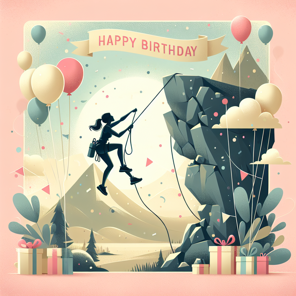 Generate a charming birthday illustration featuring an adventurous setup. The centerpiece should be a silhouette of a Hispanic female skillfully climbing a steep rock face. The background should display soft pastel hues, with floating balloons and a clear sky that add to the cheerful atmosphere. Surrounding the scene are sprinkles of confetti, emphasizing the celebratory mood. At the top of the image, place a banner that reads 'Happy Birthday' in whimsical lettering, perfectly framing this adventurous scenario.
Generated with these themes: Silhouette of a girl climbing a dramatic rock face .
Made with ❤️ by AI.