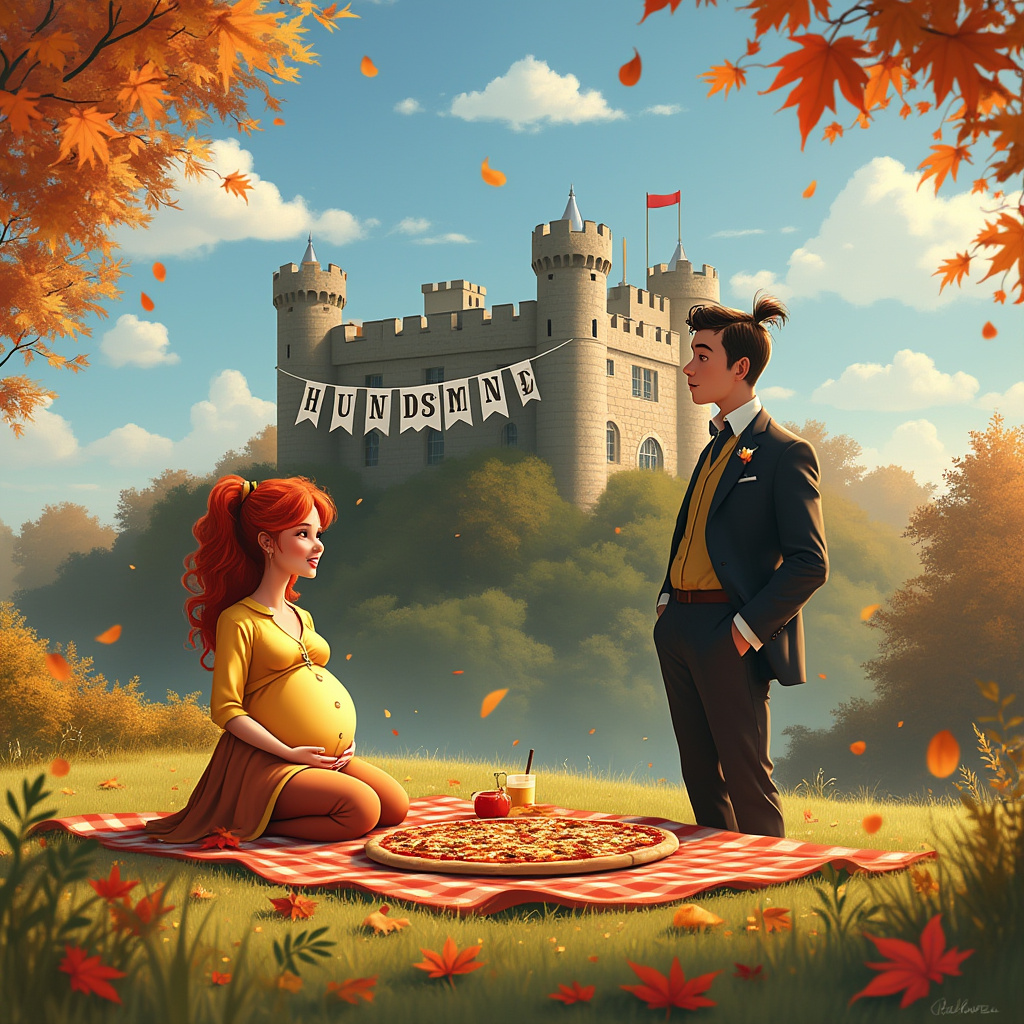 Under a pristine blue sky, where fluffy clouds drift lazily like marshmallows, lies a whimsical anniversary scene filled with charm and warmth. The foreground captures a vibrant tableau: an autumnal carpet of crimson and amber leaves rustles beneath the feet of a radiant, pregnant red-haired wife. Her cascading curls glimmer like autumn embers, contrasting with her sunny ensemble of a yellow blouse and skirt, accessorized with gold shoes that catch the sunlight like little treasure troves. Beside her stands her tall husband, his dark hair tied back into a sleek ponytail, sporting a distinguished dark suit that makes him look both dashing and endearing.

The couple shares a moment on a cozy picnic setup. A rectangular pizza, resembling a culinary work of art with its array of colorful toppings, sits prominently between them on a checkered blanket. Each slice is an invitation to share laughter and love.

In the background, the majestic Cardiff Castle rises with its ancient stone facade, crowned with lush greenery. Its turrets are playfully adorned with hanging banners spelling out "Handsome Husband" in large, whimsical letters, akin to a royal announcement.

To bring this magical scene to life, the castle is bathed in the soft, golden hues of an autumn afternoon, with its shadows stretching like old friends on the verdant landscape. In this storybook setting, every element is a testament to love, life, and the beauty of shared moments.
Generated with these themes: Blue skies , Autumn leaves , Pregnant red haired wife with yellow blouse, yellow skirt and gold shoes , Tall husband with dark haired long ponytail wearing a dark suit , Rectangle shaped pizza , and Cardiff castle .
Made with ❤️ by AI.