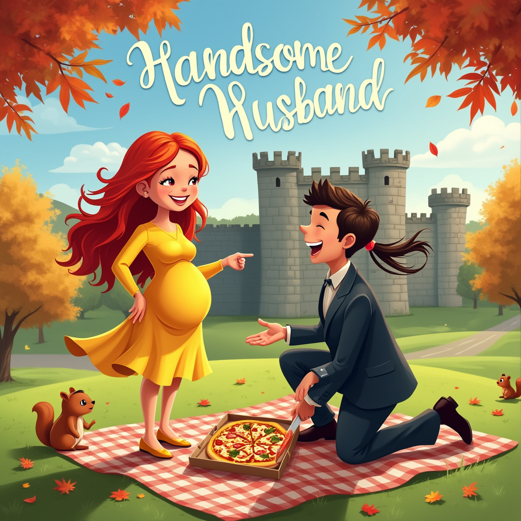 In the whimsical world of our greeting card, a gentle breeze rustles through vibrant autumn leaves that frame the scene with splashes of crimson, orange, and gold. Under a clear blue sky, the historic Cardiff Castle stands majestically in the background, its stone walls and towers casting charming shadows on the lush green grounds. In the foreground, a delightful scene unfolds on a checkered picnic blanket spread across the grassy field. Our cartoon couple takes center stage: the expectant red-haired wife, her locks cascading like fiery tendrils, wears a bright yellow blouse that matches her flowing skirt and gleaming gold shoes. She stands with a joyful expression, one hand resting on her round belly, the other pointing to the open pizza box on the blanket. Beside her, her tall husband, his long dark ponytail swaying with the wind, exudes happiness in his dark suit. He kneels down with one knee on the blanket, carefully slicing a rectangle-shaped pizza topped with vivid veggies and gooey cheese.

To incorporate the name "Handsome Husband," the blue sky is whimsically adorned with fluffy white clouds that have formed into playful letters, spelling out "Handsome Husband" in a gentle arc above the castle. The couple shares a light-hearted laugh, the husband's other hand delicately holding his wife's, as if inviting her to share this delicious moment of love and celebration. Nearby, a few curious squirrels peek from behind the fallen leaves, watching the couple with inquisitive eyes. This picturesque and quirky scene captures not only an anniversary celebration but also a charming story of shared joy, set against the backdrop of Cardiff's iconic architecture and the cozy embrace of an autumn day.
Generated with these themes: Blue skies , Autumn leaves , Pregnant red haired wife with yellow blouse, yellow skirt and gold shoes , Tall husband with dark haired long ponytail wearing a dark suit , Rectangle shaped pizza , and Cardiff castle .
Made with ❤️ by AI.