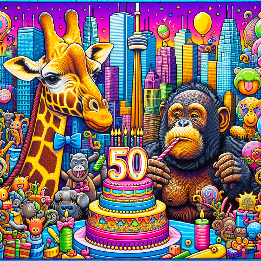 An image showcasing a vibrant city skyline reminiscent of Toronto infused with a humorous twist. At the center, a giraffe all dressed up with a bow tie is seen, along with an orangutan humorously blowing out candles on a cake. They are both framed by the noticeable anniversary symbol of 50. These characters are surrounded by an array of colorful birthday decorations. Additionally, recognizable structures suggestive of the city's landmarks are playfully integrated into the scene, adding an urban touch to the overall whimsical atmosphere.
Generated with these themes: Toronto, 50 years old, Giraffe, and Orangutan .
Made with ❤️ by AI.