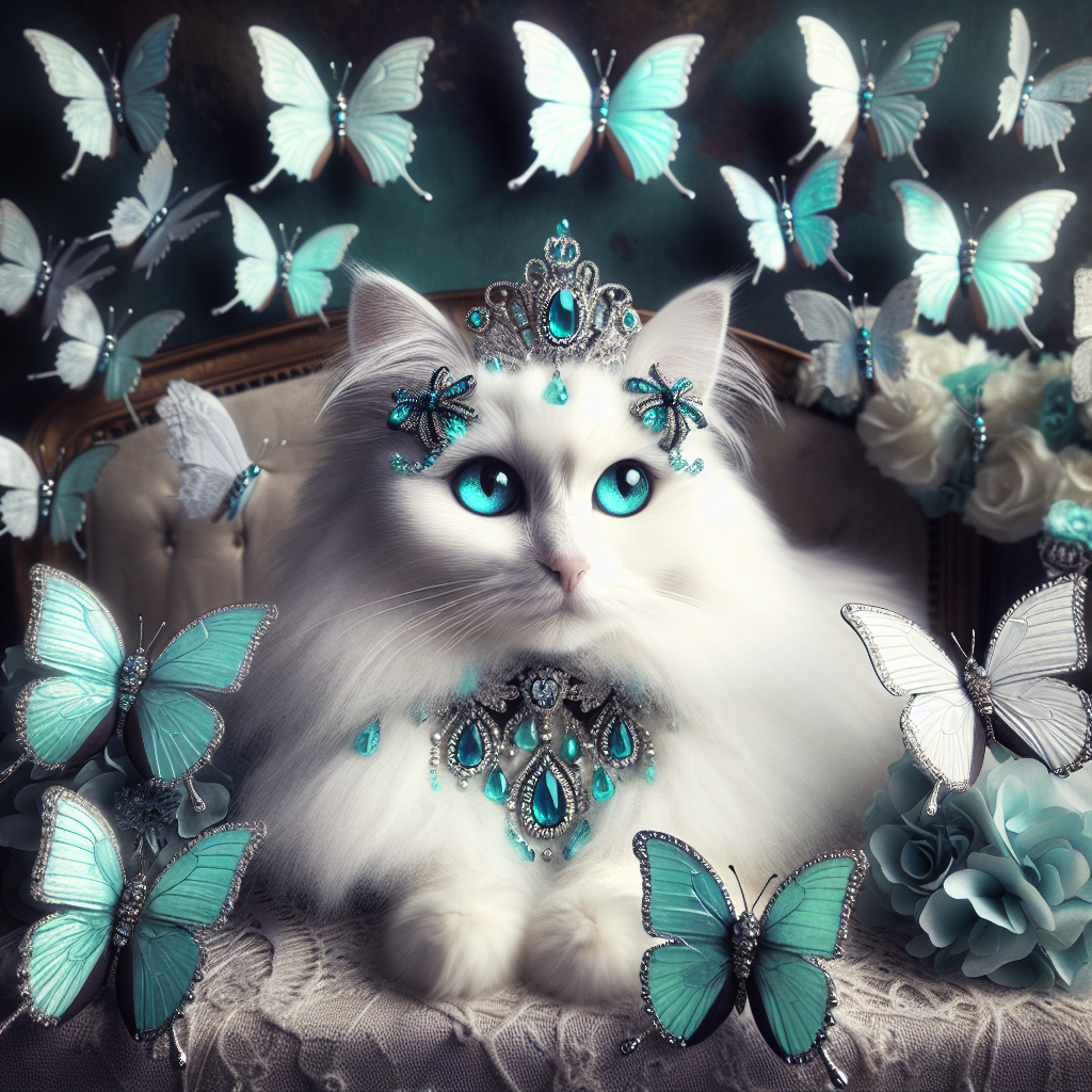 Create an image of a whimsical birthday scene with strong gothic influence. The main element of this scene is a regal white fluffy cat with contrasting turquoise eyes, elegantly accessorized with delicate jewelry. Surrounding the cat should be a multitude of butterfly wings, each finely painted to reflect the iridescent shimmer of turquoise in line with the celebration's theme. The image must create an enchanting yet mysterious atmosphere that fittingly blends the innocence of a birthday celebration and the magnetic charm of gothic aesthetics.
Generated with these themes: Gothic, White fluffy cat, Turquoise, Butterfly wing, and Jewellery.
Made with ❤️ by AI.