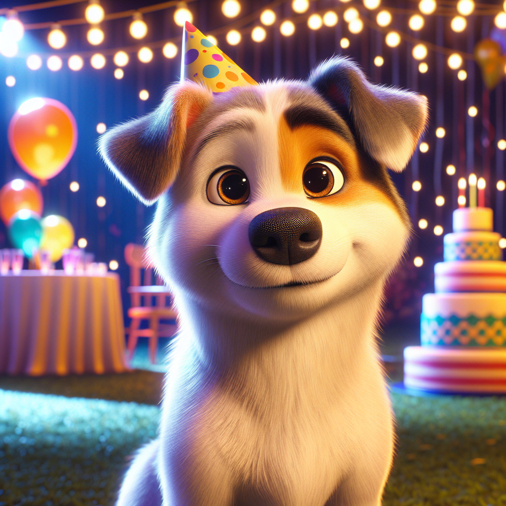Depict a charming animated setting where a lovable mixed breed dog is the central figure at a birthday festivity. The dog, having a regular build and a coat marked with shades of white and tan, shines under the illuminating lights of the party. Its expressive black eyes twinkle with lively eagerness. The ambiance is set with balloons, a birthday cake, and vibrant decorations adding to the festive spirit. The dog is seen wearing a birthday hat, looking as if ready to make a wish.
.
Made with ❤️ by AI.