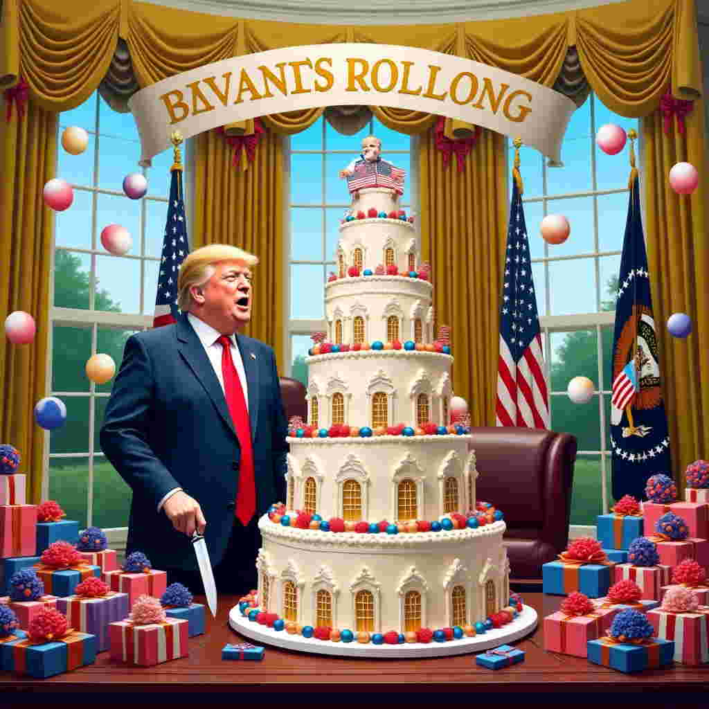The front cover of this birthday greeting card features a humorous, realistic photograph-style representation of a birthday party scene set in the Oval Office of the White House. The color palette is vibrant and lively, filled with celebratory tones of red, white, and blue, with splashes of gold.

In the center, an oversized, meticulously detailed birthday cake towers high, resembling the architecture of the White House. Each tier of the cake is adorned with intricate fondant details: tiny windows, miniature American flags fluttering, and a small fondant replica of the presidential seal at the top.

Standing beside the cake is a lifelike depiction of Donald Trump, dressed in a classic navy suit with a red tie. His expression is captured in mid-laughter, adding a touch of humor to the scene. He holds a silver cake knife, poised and ready to cut into the extravagant cake.

Surrounding the cake are colorful balloons and streamers cascading from the ceiling. A large, glossy banner stretches across the top of the room, emblazoned with the word "ROLAND" in bold, gold letters. The font is grand and ceremonial, reminiscent of the lettering on official government documents.

In the background, you can see the iconic Resolute Desk cluttered with wrapped birthday presents in patriotic colors, topped with bright, shimmering bows. A glimpse of the lush, green Rose Garden is visible through the tall windows, where more balloons can be seen drifting upwards into a clear blue sky.

This detailed scene is designed to be both a tribute to a birthday celebration and a lighthearted nod to a unique presidential setting, making it a perfect cover for a playful and memorable birthday card.
Generated with these themes: Donald trump white house birthday.
Made with ❤️ by AI.