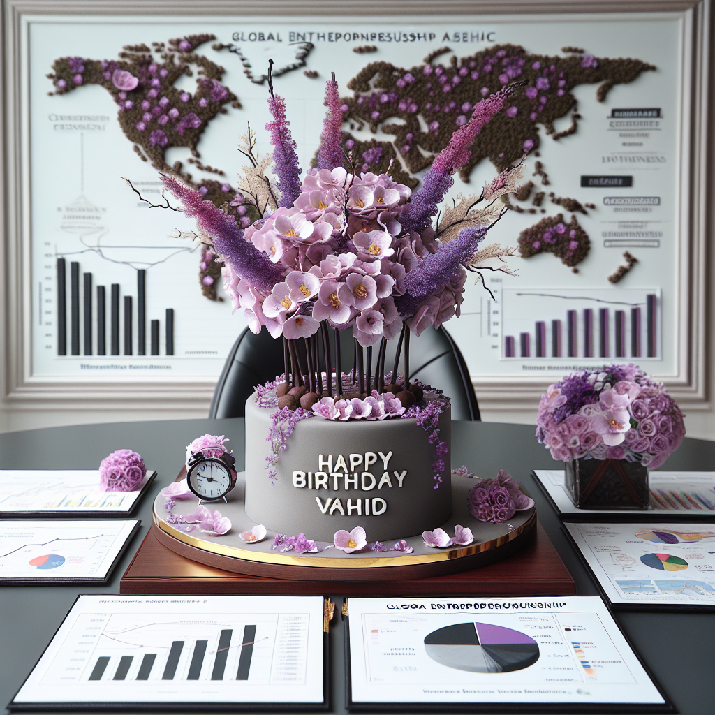A quaint birthday setup, modeled after a global entrepreneurship aesthetic. Delicate purple flowers are intricately arranged on a sleek, modern conference table. Amidst the meticulously designed decor, a tastefully crafted cake adorned with edible purple blossoms takes pride of place at the center. Surrounding the cake are detailed business reports and charts representing international markets. A message, 'Happy Birthday Vahid', is elegantly scripted on the cake, aligning perfectly with the theme. The overall setting exudes a unique blend of professional finesse and celebratory warmth.
Generated with these themes: Purple flower, International business, and Vahid.
Made with ❤️ by AI.