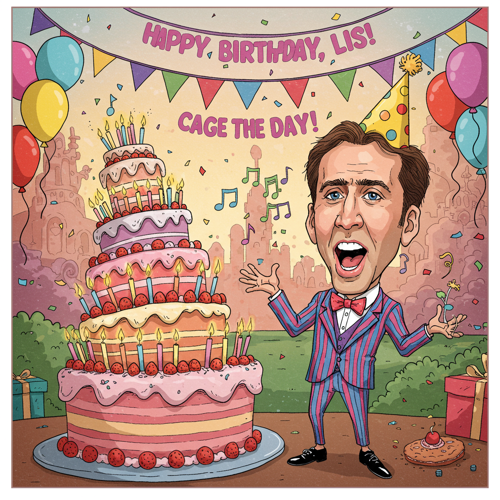 **Image Prompt:**

Picture a cartoon-style scene set in a whimsical, vibrant world. Front and center, we have a caricature of Nicholas Cage, exaggerated features and all, with his signature expressive face, dressed in a hilariously over-the-top birthday outfit—think a polka-dot party hat and a rainbow-striped tuxedo.

Nicholas is joyfully singing, with musical notes floating around his head, as he stands in front of a giant, towering birthday cake with brightly colored layers and a myriad of lit candles flickering merrily. The cake is almost cartoonishly tall, swaying slightly, as if it's about to topple over from its own magnificence.

Next to him, there’s a colorful birthday banner strung across the top of the image, with the words: "Happy Birthday, Lisa! Cage the Day!" written in bold, playful letters. The whole scene is bustling with lively energy, with confetti and balloons hovering around, creating an atmosphere of fun and festivity. The colors are vivid and pop right off the card, perfectly capturing the joyous chaos of a birthday celebration.
Generated with these themes: Nicholas cage, Singing happy birthday lisa, and .
Made with ❤️ by AI.