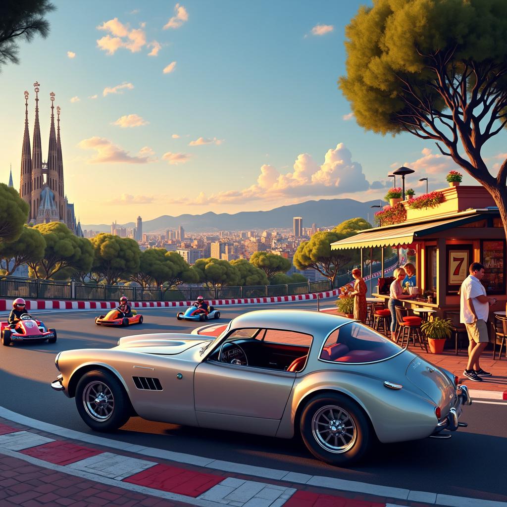 The scene unfolds with Barcelona's iconic skyline, where the majestic Sagrada Familia towers in the distance, illuminated by the golden hues of a setting sun. Above, the sky transitions into a beautiful gradient of twilight blues and purples, scattered with fluffy clouds. In the foreground, a modern go-kart track winds gracefully around various landmarks, bordered by vibrant red and white checkered barriers. Two go-karts race along the track: one, a vibrant red adorned with racing stripes and marked with the number '7', boasts a sleek design with visible tire treads; the other, an electric blue vehicle featuring flame decals and a distinctive spoiler, is proudly numbered '22'.

Parked nearby, near a charming street-side café, is a shiny metallic silver Vauxhall VX220, its doors wide open as if it had just been vacated. Its sleek alloy wheels are complemented by low-profile tires, while the interior reveals luxurious leather seats and a small Barcelona city map resting on the passenger seat. The café itself is a quaint spot, complete with wrought iron furniture, colorful flower pots, and twinkling fairy lights that create an inviting atmosphere.

People are scattered around, some dressed in casual summer clothes, joyfully interacting; some wave at the racers while others indulge in coffee. A driver stands beside the Vauxhall, waving enthusiastically while holding a helmet under one arm. Among the details, a small model of the Columbus Monument peeks near the edge of the track, while Gaudi's architectural elements subtly enhance both the barriers of the go-kart track and the cafe. Vibrant banners and flags hang overhead, adorned with farewell messages in multiple languages, adding to the festive vibe of the scene. 

Generated with these themes: Vauxhall Vx220, Go karting, and Barcelona. 
Made with ❤️ by AI.