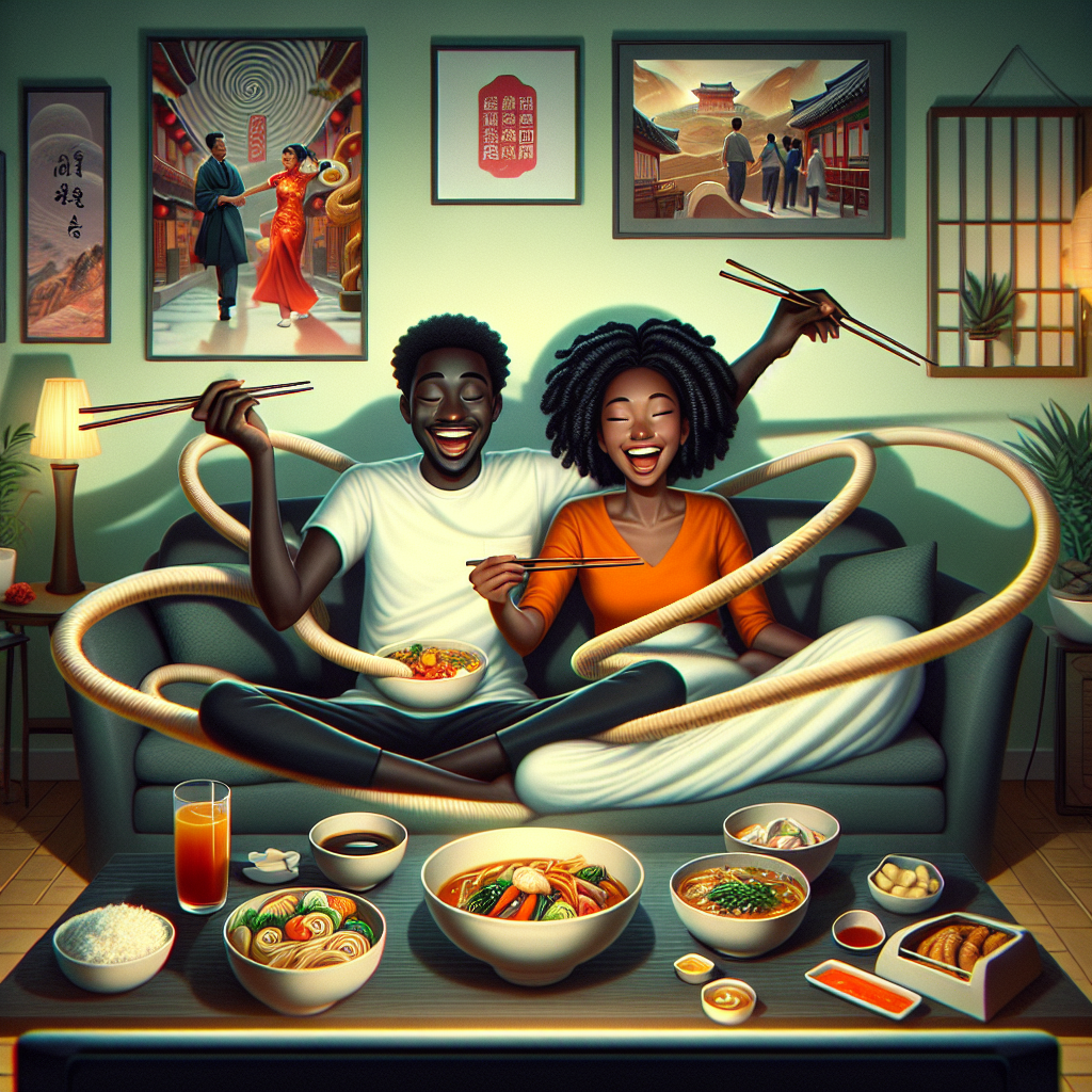 Generate a whimsical image of a black couple, joyously celebrating their 10-year anniversary in the warmth of their living room. They are seated on a comfortable sofa, enwrapped in a spiral of endearing intimacy, while enjoying various tasty Chinese dishes with chopsticks in their hands. An engaging K-Drama glows on the television screen, captivating their attention. Delight, contentment, and a sense of adventurous spirit are encapsulated within their facial expressions. Their shared passion for exploration is symbolized by the subtle representations of prominent travel landmarks scattered around the room.
Generated with these themes: Chinese food , Black couple , Watching K-Drama , On the sofa , 10 years together , and Travel .
Made with ❤️ by AI.