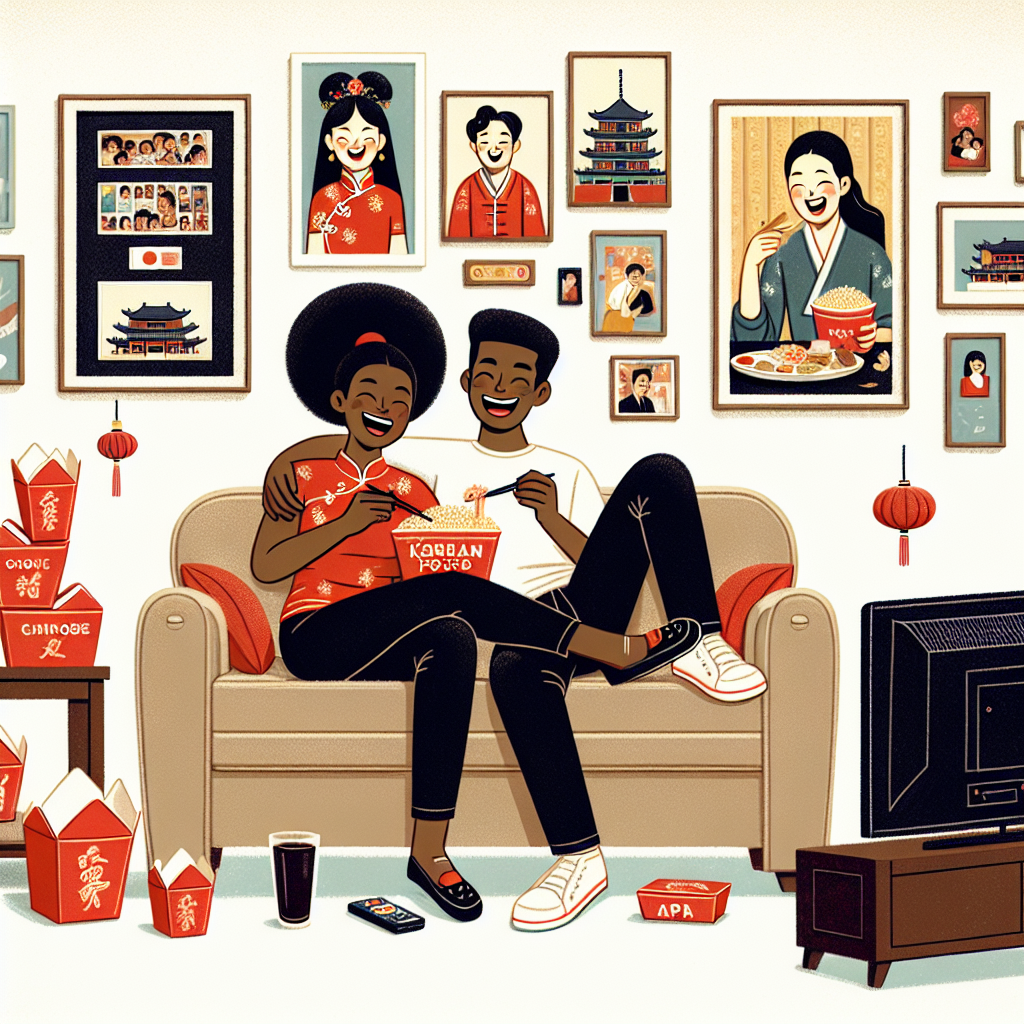 Create an endearing illustration of a black couple lounging on a comfortable sofa. They are celebrating their 10th anniversary by enjoying Chinese food, with classical red takeout boxes scattered around them. They are laughing heartily while engrossed in a Korean drama playing on the television. Their living room is embellished with small souvenirs and photos from their travels around the world. These adornments serve as a collage of their shared memories.
Generated with these themes: Chinese food , Black couple , Watching K-Drama , On the sofa , 10 years together , and Travel .
Made with ❤️ by AI.