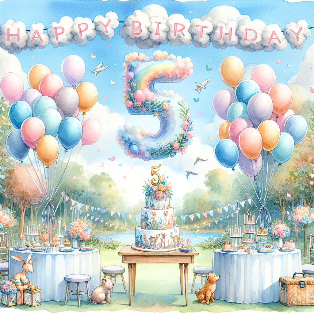 A watercolor illustration of an outdoor birthday party with a giant colorful '5th' shaped balloon amid other pastel balloons floating above. A woodland creature-themed cake sits on a decorated table. The scene has 'Happy Birthday' elegantly scripted in the sky with a cloud-like font.
Generated with these themes: 5th  .
Made with ❤️ by AI.
