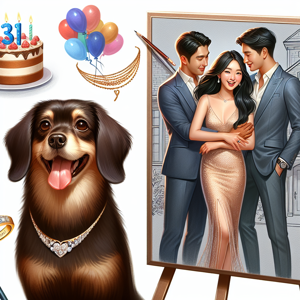 Create a heartwarming illustration that captures the essence of celebration. The primary focus should be a jubilant short-haired sausage dog surrounded by birthday decorations. Adjacent to the dog, paint a loving South Asian couple in a moment of pride and joy. The male figure, depicted as a kind and affectionate boyfriend, stands next to a woman adorned in a shimmering dress, with her lustrous black hair flowing freely. Her skin is a beautiful bronze tan and she wears an engagement ring reflecting the announcement of their recent commitment to each other. In the background, include a sketch of a new house suggesting the progression of their relationship and future life together. Accomplish the party-oriented environment with a birthday cake displaying the number '31', intertwining the excitement of their personal milestones with birthday celebrations.
Generated with these themes: Short haired sausage dog, boyfriend, engagement ring, new home, birthday cake, 31, and Sparkly dress, long dark hair, tanned skin.
Made with ❤️ by AI.