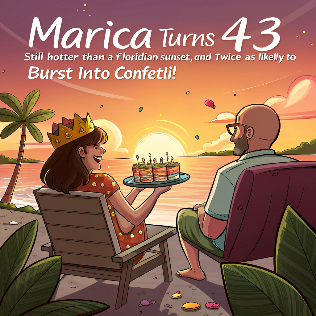 At the top of the image, "Marica turns 43 — still hotter than a Floridian sunset, and twice as likely to burst into confetti!"

- Realistic photograph scene:
A tropical Floridian setting at golden hour, with the family of three sitting together on lounge chairs facing a breathtaking sunset over the sea. The woman (Marica), joyful and relaxed, is wearing a festive birthday crown and a lei. The bald man, looking slightly sunburned but grinning proudly, holds a tray with cupcakes that have comically tall candles. Their 11-year-old daughter is wearing oversized sunglasses and sipping a fancy mocktail with a tiny umbrella. Palm trees are strung with colorful party lights and humorous tropical-themed birthday decorations (like a sign reading “Flockin’ Fabulous at 43!”). A beach ball photobombs the scene in midair, as if accidentally tossed by a wayward partygoer.
Generated with these themes: a family of three, with a woman having her 43rd bithday, a bald man and a girl of 11 years old in a romantic floridian tropical place with festive birthday's decoration sitting in front of the sea watching the sunset.
Made with ❤️ by AI.