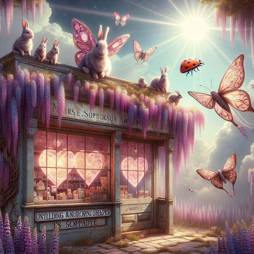 In this first surrealistic illustration for Mother's Day, an old-fashioned store is nestled beneath a radiant sun, its glass panes mirroring an ethereal and dreamy sky. Levitating around the premises are whimsical, gently fluttering bunnies with delicate wings constructed of heart shapes, symbolizing the unyielding and nurturing love of a mom. Perched against the weathered signage, a robust ladybug takes respite, introducing a striking contrast of color against the purple hues of drooping wisteria vines that tastefully envelop the surroundings. Butterflies showcasing intricate designs animate the environment with their fluttering, creating an ambiance of joy and a profound celebration of motherhood.
Generated with these themes: Antique shop, Rabbit, Ladybird, Butterflies , Wisteria , Sun, and Hearts.
Made with ❤️ by AI.