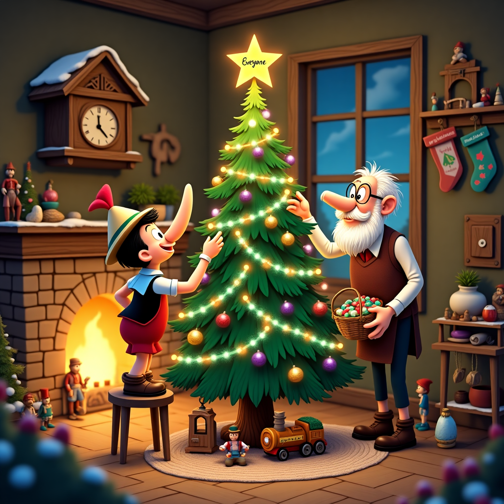In a cozy, whimsical workshop adorned with festive decorations, Pinocchio and Geppetto are busily decorating a Christmas tree that's bursting with charm and humor. The tree is unusually tall, nearly reaching the wooden-beamed ceiling, and is nestled in a corner of the workshop cluttered with woodcarving tools and shavings. At the top of the tree, a star-shaped ornament with the name "Everyone" glows warmly, a nod to the intended recipient of this festive scene.

Pinocchio, standing on a wobbly stool, is using his extendable wooden nose to delicately place ornaments on the higher branches. His nose, humorously elongated from a recent fib about the size of the Christmas turkey, is draped with twinkling lights. Geppetto, with a twinkle in his eye, stands below holding a basket of ornaments. His iconic bushy mustache is dusted with glitter, adding a sparkle to his grandfatherly smile. His old spectacles reflect the colorful lights strung throughout the room.

In the background, a wooden cuckoo clock fashioned like a snow-capped chalet chimes softly, while a tiny model train chugs around the base of the tree, pulling a banner that reads "Merry Christmas, Everyone!" The floor is scattered with wooden toy soldiers and a hand-carved nativity set, each piece painted with intricate detail.

Hanging above, a handmade garland made of carved wooden stars and moons dangles from the rafters, casting playful shadows. A fireplace crackles with warmth, its mantel adorned with stockings labeled with names like "Jiminy" and "Figaro," alongside tiny carved figurines of characters from their shared adventures. This bustling, cozy scene captures the magic of Christmas with Pinocchio and Geppetto, celebrating with creativity, warmth, and a touch of whimsical humor.
Generated with these themes: Pinnochio and Guiseppe decorating the Christmas Tree.
Made with ❤️ by AI.
