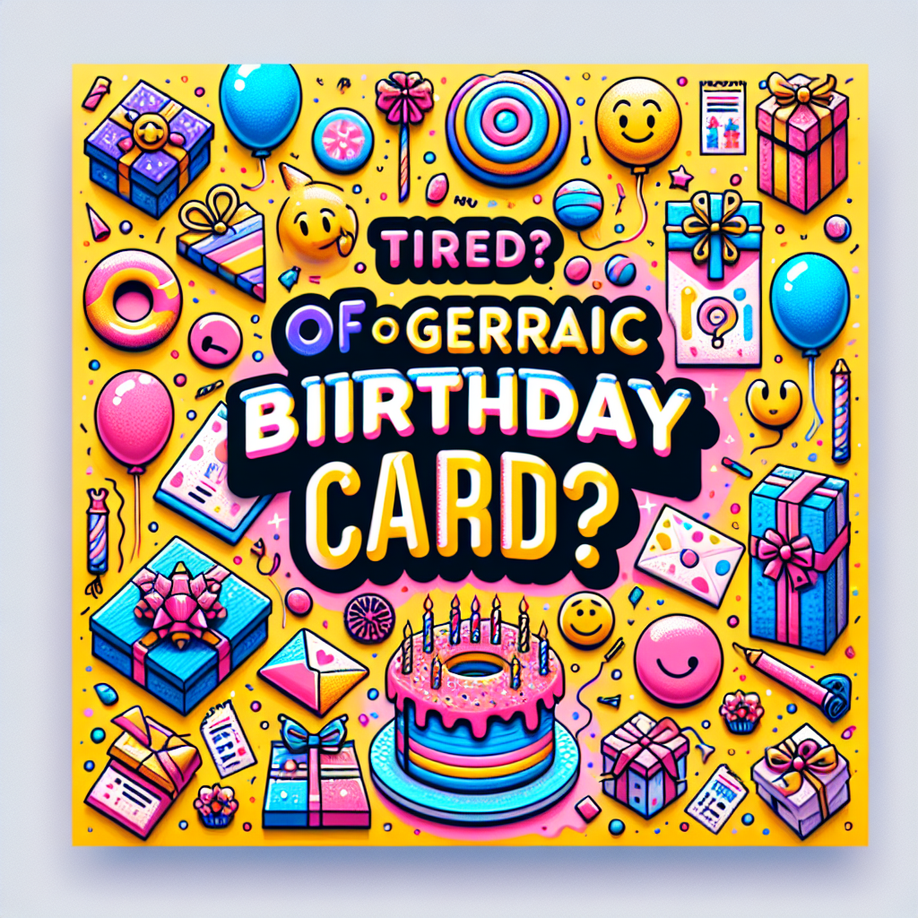 Create a vivid and engaging birthday-themed illustration suitable for a square advertisement. The background should blend cheerful hues of yellows, pinks, and blues, and be enhanced by scattered confetti and whimsical balloons. In the center, display the bold question, 'Tired of generic birthday cards?' in an eye-catching manner. Surround the text with charming graphics like smiling emojis, a delightfully illustrated cake, and exquisitely wrapped gifts. All these elements should synergize to exude a joyous and animated mood.
Generated with these themes: A vibrant and eye-catching advertisement with a 1:1 ratio. The background is a mix of bright colors like yellow, pink, and blue with confetti and balloons. In bold, fun fonts, the phrase ‘Tired of generic birthday cards?’ is prominently displayed. Include playful graphics like smiling emojis, cake, and presents around the text to create a festive and lively atmosphere..
Made with ❤️ by AI.