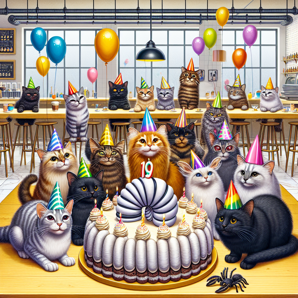 Create a lively birthday illustration displaying a group of shiny Oriental Cats, each one of various descents, such as Caucasian, Hispanic, Black, Middle-Eastern, South Asian, and White, adorned in multi-colored party hats. They're gathered around a sizeable table in a modern-day coffee shop, playfully decorated with balloons and streamers. At the center of the table sits a colossal birthday cake shaped like an isopod, topped with fluffy scoops of ice cream. A jovial jumping spider, donning a tiny bow tie, can be seen nimbly climbing up the side of the cake, striving to partake in the joyous celebration.
Generated with these themes: Oriental Cats, Isopods, Jumping Spider, Starbucks, and Ice Cream.
Made with ❤️ by AI.