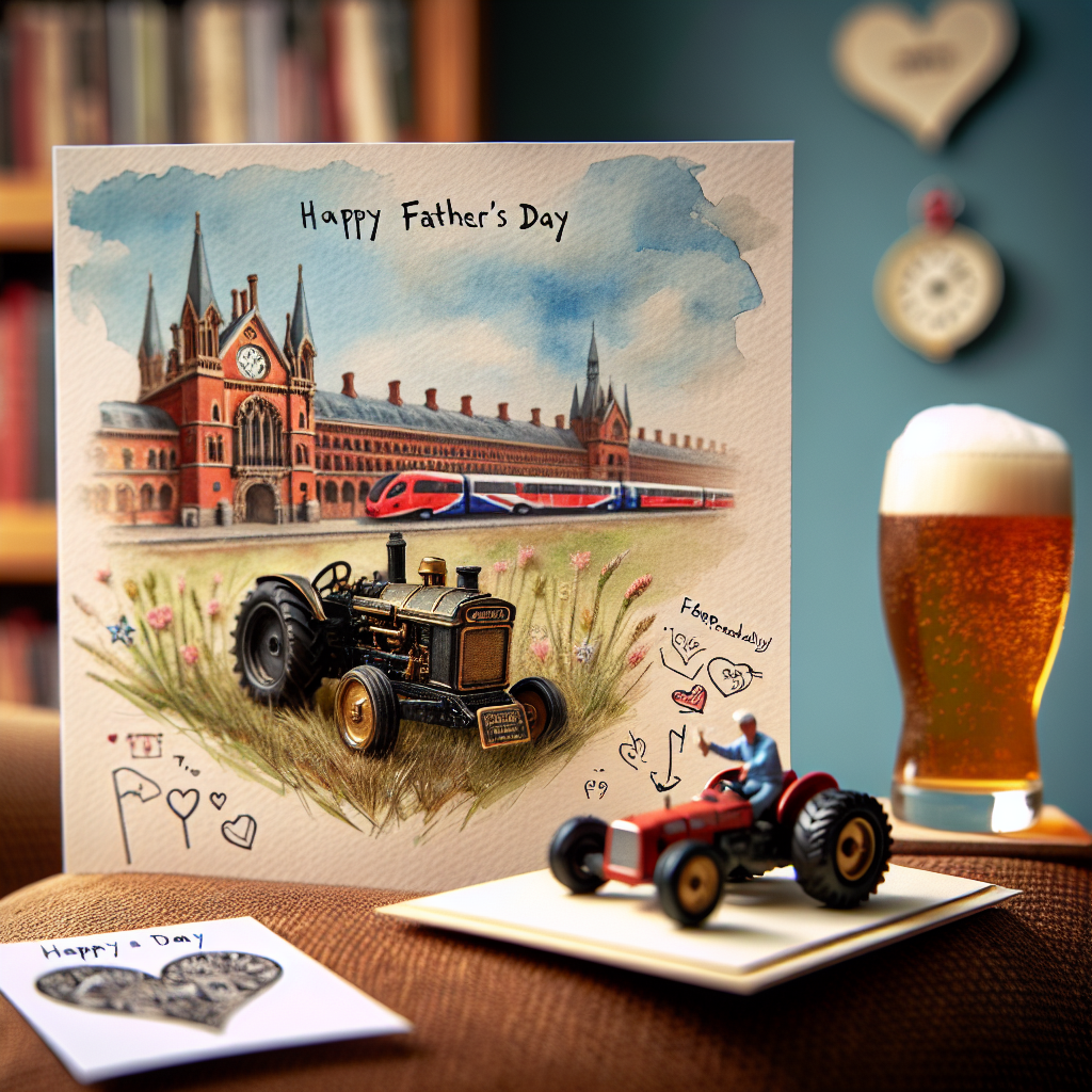 Imagine a whimsical father's day greeting card design. The scene transpires on the armrest of a comfortable armchair. Above, a blurry watercolor painting depicting the historic St Pancras Station makes for a homely decoration. Placed neatly on the armrest, a tiny, intricately-designed model of a tractor sits next to a precise die-cast model of a Formula 1 vehicle, signifying hobbies and interests. Close by, a pint of ale with froth on top rests on a coaster, suggesting a moment of relaxing celebration. The backdrop is adorned with playful sketches of hearts and celebrations, that wholeheartedly uplifts the spirit of fatherhood.
Generated with these themes: Tractors, Formula 1, St Pancras Station, and Pint of Ale.
Made with ❤️ by AI.