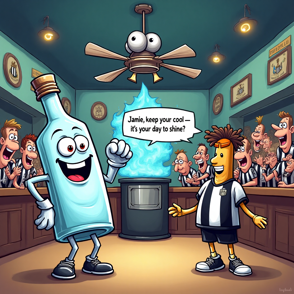 At the top of the Cartoon Style image, include the text: "Happy birthday Jamie"

**Image Description:**

In a vibrant and whimsical cartoon world, picture a joyful scene set in a colorful sports bar. In the foreground, a charismatic, anthropomorphic bottle of vodka with a playful grin is energetically pouring itself into a massive, frosty slushie machine. Next to it, a mischievous cigarette with arms and legs is dancing, wearing a black and white Newcastle United FC jersey.

Behind them, a cheerful ceiling fan with googly eyes is spinning enthusiastically, cooling down the lively scene. The walls are adorned with Newcastle United FC memorabilia, and in the background, a caricatured crowd of animated characters are cheering and celebrating, all wearing the team's iconic black and white stripes.

In the middle of this amusing tableau, a playful text bubble emerges from the fan, saying: "Jamie, keep your cool—it's your day to shine!"

The image is filled with bright, bold colors and exaggerated expressions, creating a lively and funny atmosphere perfect for a birthday celebration.
Generated with these themes: Vodka, Slushies, Cigarettes, Fan, Newcastle United FC, and .
Made with ❤️ by AI.