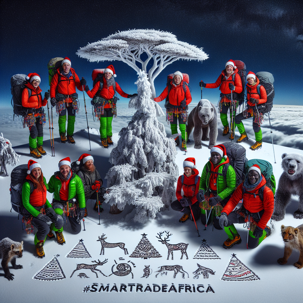 On a snow-covered peak of Kilimanjaro, climbers gather to celebrate Christmas against the backdrop of Africa's vast beauty. Adornments of green and red contrast against the white snow, while a snow-capped acacia tree serves as a unique Christmas tree. Local wildlife, adorned with whimsical Santa hats, join the festive scene. A starry night sky holds the promise of a white Christmas, and etched in the snow, the words 'SmartTradeAfrica' shine brightly, reflecting the continent's entrepreneurial spirit.
Generated with these themes: Africa, snow, xmas, happy.
Made with ❤️ by AI.