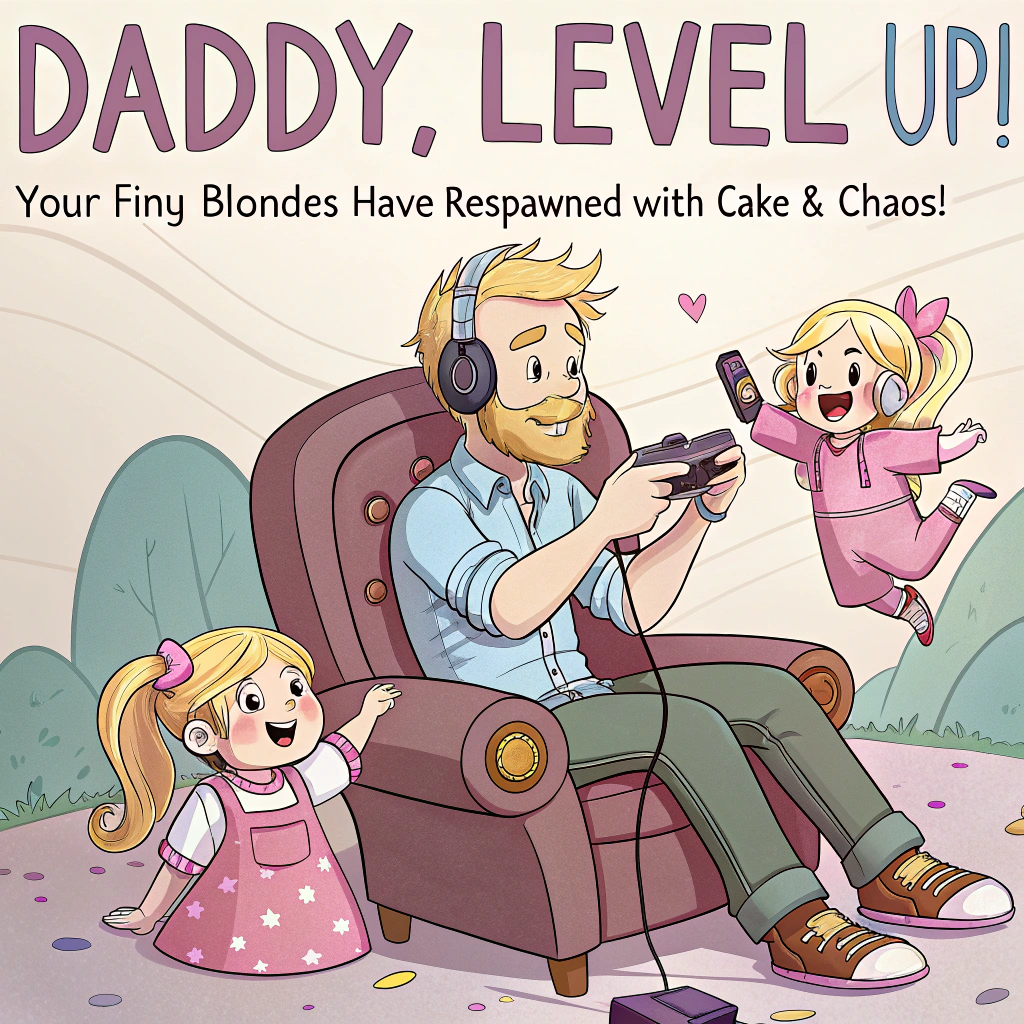 At the top of the image, "Daddy, Level Up! Your Tiny Blondes Have Respawned with Cake & Chaos!"

– In the center of the illustration, show a humorous cartoon-style living room gaming scene: Daddy, sporting a headset and oversized gaming chair, is mid-game holding a controller with laser focus, but chaos surrounds him.

– His two blonde daughters, identical in matching unicorn pajamas, are gleefully climbing on him — one has turned a game controller into a pretend microphone and is singing loudly, while the other is using the headset cord as a jump rope.  

– A “Paused for Birthday” sign dangles from the monitor, while cake, balloons, and wrapping paper clutter the floor like a level boss has exploded birthday loot everywhere.

– Add details like a slice of birthday cake precariously balanced on the console and sparkles flying from the screen. The mood should be joyful, silly, and gaming-inspired.
Generated with these themes: Gamer daddy with two blonde daughters.
Made with ❤️ by AI.