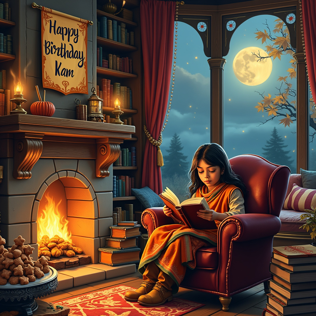 In this richly detailed birthday scene, imagine a cozy autumn evening. The focal point is a warm, rustic fireplace crackling with bright flames. Above the fireplace, hanging from a carved wooden mantel, is a festive "Happy Birthday Kam" banner, written in elegant, flowing script adorned with small cinnamon stick illustrations.

Seated in a plush armchair draped with a colorful, intricately patterned Indian blanket, Kam is deeply engrossed in a thick, leather-bound book. The chair's upholstery is a warm, deep burgundy that complements the autumnal tones of the room. At Kam's feet, an ornate, brass Indian incense holder emits delicate curls of fragrant smoke, mingling with the aroma of freshly baked cinnamon treats that sit on a nearby wooden table. The treats, shaped like stars and moons, are piled high on a traditional silver tray, sprinkled with powdered sugar.

Around the room, shelves are packed with an eclectic mix of books, their spines showing titles in various languages and genres, giving a nod to Kam's love of reading. A small window to the left of the fireplace reveals an enchanting autumn landscape outside. Trees with leaves in vibrant shades of orange, red, and gold stand tall, and a gentle breeze seems to whisper through the scene. In the background, an Indian rug with bold, geometric patterns covers part of the wooden floor, adding a touch of warmth and color.

To the right, a large bay window with plush cushions invites the viewer to imagine lounging there with a good book, as the moon rises in the clear, star-speckled sky. In the night sky, subtly woven into the wispy clouds, the name "Kam" is faintly visible, as if written by the stars themselves.

The overall scene is filled with intricate details, from the delicate embroidery on the Indian blanket to the worn, antique books and the mesmerizing dance of the flames in the fireplace, creating a visually captivating birthday greeting card that celebrates Kam's special day.
Generated with these themes: Autumn , Reading , Fireplace , Cinnamon treats , Blanket , and Indian Culture .
Made with ❤️ by AI.