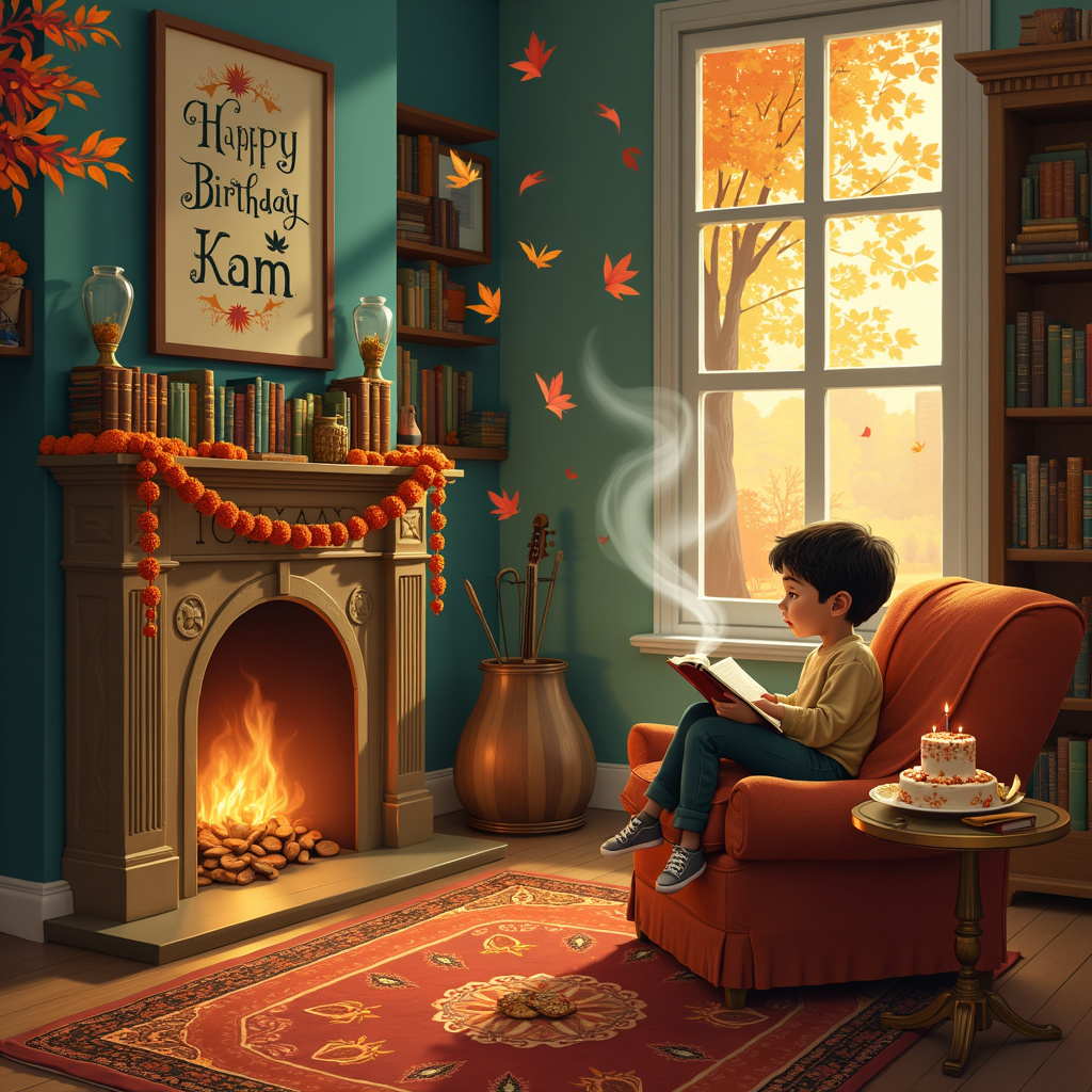 In the cozy corner of an Indian-inspired living room, an autumnal birthday celebration unfolds. A plush, patterned Indian rug spreads out in front of an ornate fireplace, crackling with a warm, inviting fire. Beside the fireplace, there's a carved wooden bookshelf brimming with books, many of which have gilded spines. On the mantel above the fireplace, a string of marigold flowers drapes elegantly, giving a nod to Indian culture.

Kam sits comfortably in a large, cushioned armchair covered with a vibrant paisley-patterned blanket, absorbed in a book. An intricately designed wooden side table holds a steaming cup of chai, sending curls of fragrant steam into the air. Next to the cup, a plate piled high with cinnamon-sprinkled treats, such as jalebi and spiced cookies, awaits Kam's attention.

On the opposite wall, a large window reveals the outdoor autumn scene. Golden and red leaves swirl in the air, having fallen from the trees that stand tall in the background. In the sky, a flock of birds arranges itself into the letters "Happy Birthday Kam!" as they fly in formation. 

Above the fireplace, a whimsical birthday banner stretches across the room. The banner is adorned with tiny illustrated books, each with a letter that spells out "Happy Birthday Kam!" in an elegant script reminiscent of Beatrix Potter's whimsical style.

In one corner of the room, a traditional Indian dhol drum and sitar are set aside, hinting at an earlier musical celebration. On the coffee table in front of Kam's chair, a birthday cake decorated with autumn leaves and topped with a small book-shaped cake topper reads, "Happy Birthday Kam."

Each element in the scene weaves together the themes of autumn, reading, warmth, Indian culture, and celebration, creating a rich tapestry of visual storytelling.
Generated with these themes: Autumn , Reading , Fireplace , Cinnamon treats , Blanket , and Indian Culture .
Made with ❤️ by AI.