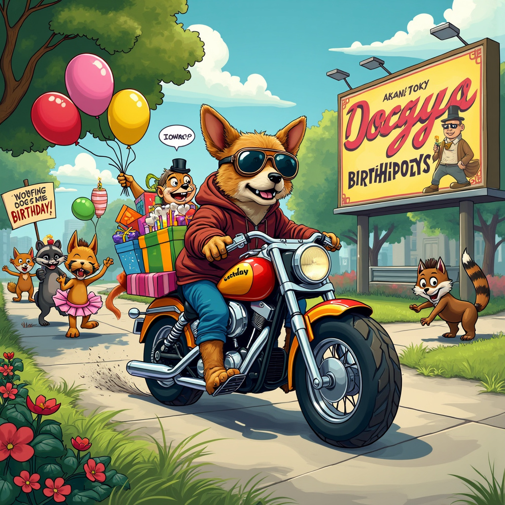 In the middle of a vibrant, cartoonish city park reminiscent of Charles Schulz's Peanuts, we have an amusing and chaotic birthday scene. Imagine a playful mix of Bill Watterson’s detailed backgrounds and Gary Larson’s absurd humor. The central figure is a scruffy, comically expressive dog wearing oversized aviator goggles, revving up a mini-motorbike. This motorbike looks like a cross between an old-fashioned Harley and a kid's toy bike, with comically exaggerated features like oversized exhaust pipes and a "Happy Birthday" banner flapping wildly from the handlebars.

The dog’s sidekick, a smaller, hyperactive dog, is riding in a sidecar. This sidecar is humorously packed with a rainbow-colored assortment of birthday balloons and gifts, some of which are precariously balancing on the edge. The smaller dog is gleefully holding a large cake with multi-colored candles, which is almost slipping out of its paws.

In the background, a group of dogs, each with unique characteristics - one with a monocle and top hat, another in a tutu, and another with a mohawk - are cheering and howling in excitement. Some are even holding up signs with messages like "Woofing Awesome Birthday!" and "Dog Gone Fun!".

In a quirky twist inspired by R. Crumb and Art Spiegelman, there’s a mischievous raccoon in the corner, clearly caught in the act of trying to steal some of the brightly wrapped presents. The raccoon’s bulging eyes and exaggerated sneaky posture add a layer of slapstick comedy to the scene.

As for the drug reference, there’s a cheeky nod to it in the form of a background billboard advertisement humorously promoting “Doggy Chill Pills” - it’s styled like an old-timey snake oil ad, complete with a smiling, zen-like dog illustration and exaggerated, playful text proclaiming, “For those ruff days!”

The entire scene is framed by a bustling, lively park full of exaggerated cartoon details like oversized flowers, fantastical trees with colorful leaves, and a whimsical fountain that seems to spray confetti instead of water. The scene is packed with tiny, humorous details - a squirrel on a skateboard, a pigeon wearing a birthday hat, and a cat peeking out from behind a tree, looking thoroughly unimpressed.

This dynamic and detailed tableau captures the chaotic joy of a dog’s birthday bash with motorbikes, birthday shenanigans, and a playful nod to the absurd.
Generated with these themes: Motorbikes, Dogs, and Drugs .
Made with ❤️ by AI.