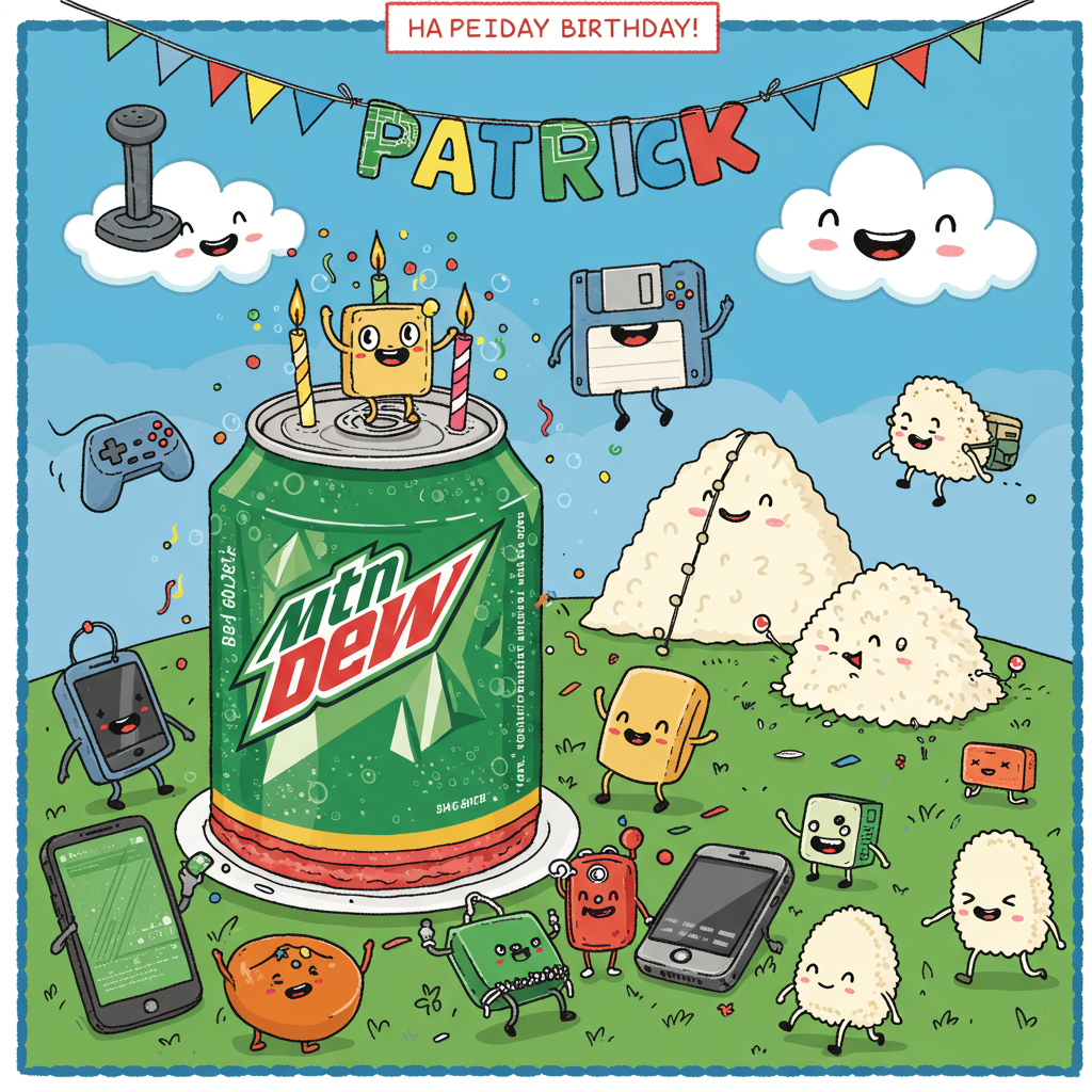 The front cover of this birthday greeting card is a lively, cartoon-style scene filled with vibrant colors and exaggerated features, taking cues from the playful aesthetics of Bill Watterson and Charles Schulz. 

At the center of the scene is a towering birthday cake, whimsically shaped like a Mountain Dew can, its green and yellow colors popping against a bright blue sky. The cake's surface is dotted with fizzy bubbles and playful confetti in shades of neon pink and orange. On top of the cake, a miniature figurine resembling a retro tech gadget, like a 1980s computer with big, friendly eyes and a pixelated smile, waves enthusiastically.

To the right, a mound of cartoonish rice, each grain oversized and slightly animated, forms a quirky mountain, akin to a playful nod to Osamu Tezuka's exaggerated style. A miniature rice climber with a backpack labeled "Tech Trek" ascends the rice mound, leaving a trail of tiny footprints behind.

Across the sky, a colorful banner floats with the name "Patrick" written in bold, playful letters, reminiscent of Hergé's clean line style. The letters are designed to look like they're made from circuit board patterns, adding a tech twist to the festive theme.

In the background, a set of friendly cartoon clouds shaped like quirky gadgets—an old-school joystick, a floppy disk, and a classic game controller—float cheerfully. Below, on the vibrant green grass, a gathering of anthropomorphic gadgets and foods—happy smartphones, dancing rice grains, and cheerful Mountain Dew bottles—celebrate around the cake, each with oversized expressive features akin to characters from R. Crumb’s underground comix.

The entire scene is framed by a border of bold, colorful lines and dots, a nod to Winsor McCay's meticulous detailing, creating a whimsical yet structured composition.
Generated with these themes: Mountain Dew, Rice, and Tech.
Made with ❤️ by AI.
