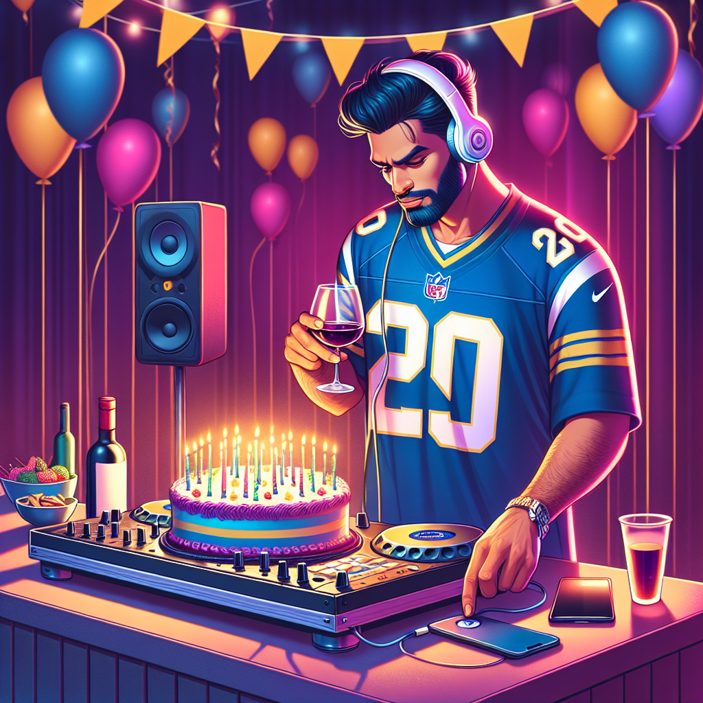A vibrant birthday celebration scene is visualized with a South Asian man as the central figure. He stands at his DJ booth, displaying his expertise through his rhythms and music transitions. He enjoys a casual sip from his glass of wine, nodding in rhythm to the music. He is distinguishably wearing a football jersey from an unmentioned team, which adds a personal touch to his ensemble. Around him, different colored balloons freely float, creating a lively environment. A delicious birthday cake adorned with lighted candles is presented nearby, reinforcing the festive ambiance.
Generated with these themes: Man djing while drinking wine and wearing Burnley football top.
Made with ❤️ by AI.