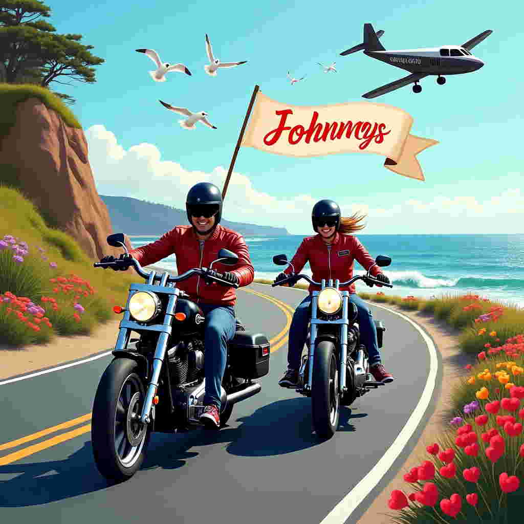 Front Cover Description:

At the forefront, two lifelike Harley Davidsons zoom down a winding coastal road. The motorcycles are detailed in chrome and deep, glossy black, with the sunlight reflecting off their polished surfaces. The couple riding them are wearing matching red leather jackets, emblazoned with small white heart patches on the sleeves. They have sleek, black helmets, one with a translucent visor pushed up to reveal a smiling face.

In the background, the ocean sparkles under a clear blue sky, where seagulls are playfully drawn, darting above the waves. To the left, a cliff rises, adorned with lush greenery and scattered wildflowers in shades of red, yellow, and purple. The road is lined with these vibrant wildflowers, making a striking contrast against the dark asphalt.

Above this dynamic scene, a small plane flies by, pulling a trailing banner that reads, in bold, cursive red letters, "Johnny." The banner flutters against the bright, midday sky, adding an unexpected but playful element to the scene.

In the lower right corner of the card, a classic Valentine heart shape in shiny red is subtly incorporated, completing the vivid and humorous scene.
Generated with these themes: Couple riding harley davidsons.
Made with ❤️ by AI.