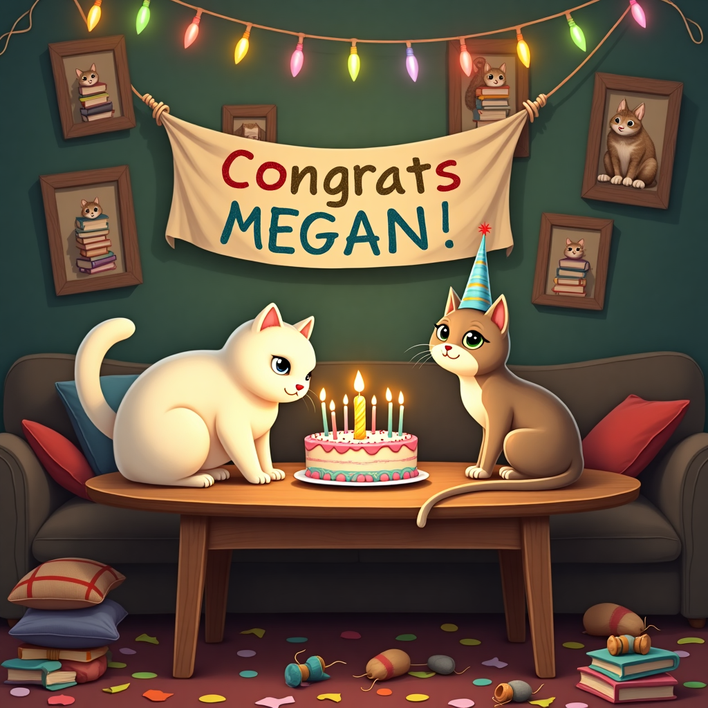 The scene unfolds in a whimsical, cozy living room that's alive with the celebration of Megan's recent achievement. At the center of this bustling tableau is a large, round wooden table, its surface glowing under the soft light of an array of mismatched, colorful candles. Each candle flickers with a life of its own, casting playful shadows across the room. Perched on one side of the table is a plump, fluffy white cat, its eyes wide with curiosity as it leans forward, sniffing at the flames. Its tail is curled around its body like a soft, lazy question mark.

Opposite the white cat, another cat, a sleek tabby with striking green eyes, is seated proudly on the table's edge, wearing a tiny party hat tilted jauntily to one side. In its paws, the tabby clutches a banner that reads "Congrats Megan!" The letters are written in vibrant, rainbow-colored crayon, each letter standing out like a beacon of celebration. This banner stretches just above a whimsical cat-sized cake, its frosting swirled with shades of pastel pink and blue. A single candle, shaped like the number one, sits atop the cake, its flame dancing in delight.

The background of the scene features a wall filled with framed photos, each depicting various comedic adventures of the white cat and the tabby. There’s one photo of the duo attempting to climb a towering stack of books, another of them peeking out from a cardboard box castle. Above the photos, a string of colorful lights drapes like a festive garland, adding to the atmosphere of joy and camaraderie.

On the floor beside the table, scattered among cushions and ribbons, lies a small pile of confetti and cat toys. A few toy mice, painted in bright reds and yellows, peek out from the jumble, as if they, too, are part of the celebration.

The room is brimming with charm, each element carefully chosen to honor Megan's achievement with a touch of humor and warmth, ensuring that her name, prominently featured on the banner, is the highlight of this enchanting, cat-filled congratulatory scene.
Generated with these themes: White cat, cat, candles .
Made with ❤️ by AI.