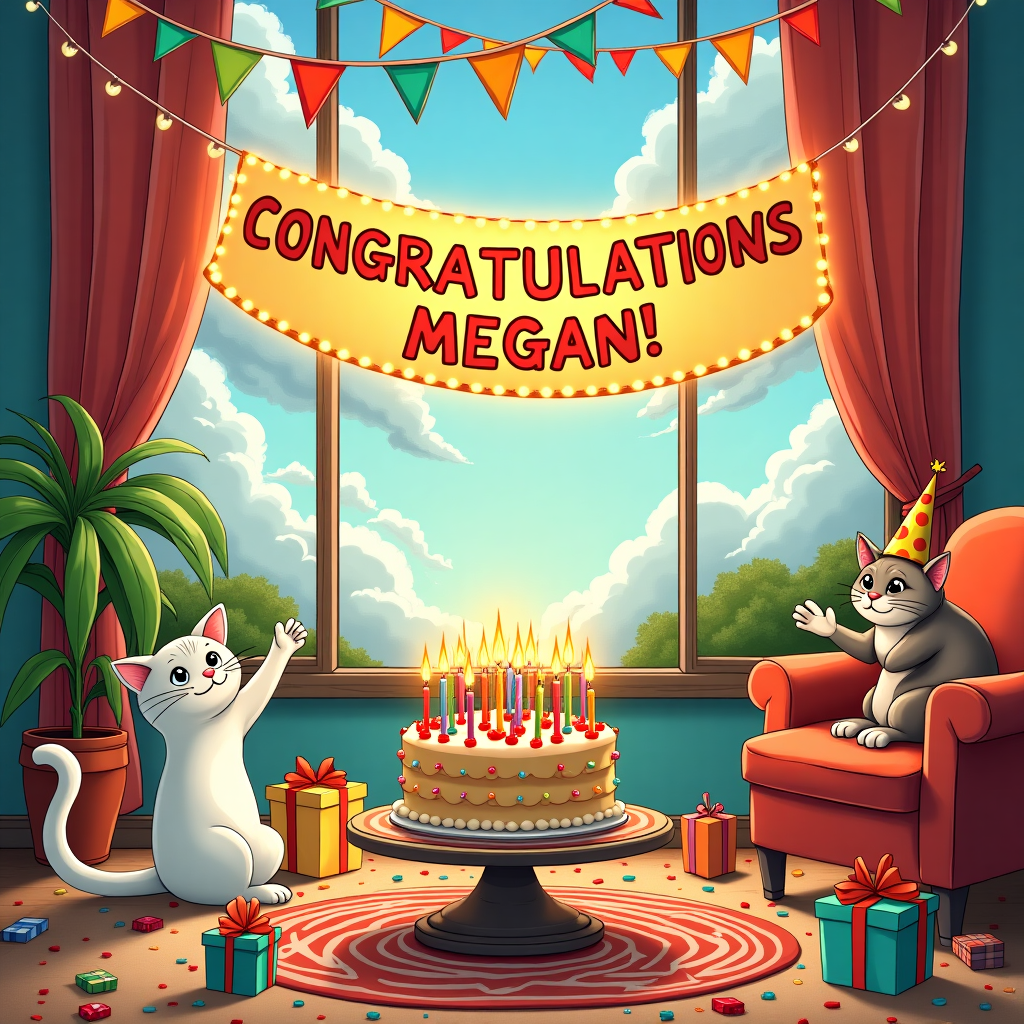 In the whimsical world of our congratulations card, imagine a vibrant living room where a party is in full swing. At the center of the room, there's a large, festive cake decorated with an abundance of colorful candles that flicker joyously. The candles are arranged in a playful spiral, and each one seems to have its own little dance. Beside the cake, a white cat, with an expression of mischievous pride, is delicately pawing at the edge of the table, as if contemplating the best angle to pounce for a taste. Meanwhile, another tabby cat is wearing a tiny party hat, its little paws clapping in celebration, sitting on a velvet armchair nearby.

The walls of the room are adorned with strings of vibrant bunting, and in the middle of these decorations hangs a gigantic banner that reads "CONGRATULATIONS MEGAN!" in bold, playful letters that seem to echo the joyful style of Charles Schulz. The banner is woven with twinkling LED lights that softly illuminate the room, casting a gentle glow on the scene below. A plush carpet with intricate patterns lies beneath, and scattered around are various gift boxes wrapped in shimmering paper, all hinting at the joys of this special celebration.

In the background, the window reveals a serene sky where fluffy clouds have whimsically arranged themselves to spell out "Way to Go!" as a nod to Megan’s achievement, drawing on a style reminiscent of Bill Watterson’s Calvin and Hobbes with its dreamy charm. The overall scene is bustling with life, capturing a moment of pure, quirky celebration where every element—from the cats to the candles—plays its part in the story of Megan's wonderful accomplishment.
Generated with these themes: White cat, cat, candles .
Made with ❤️ by AI.