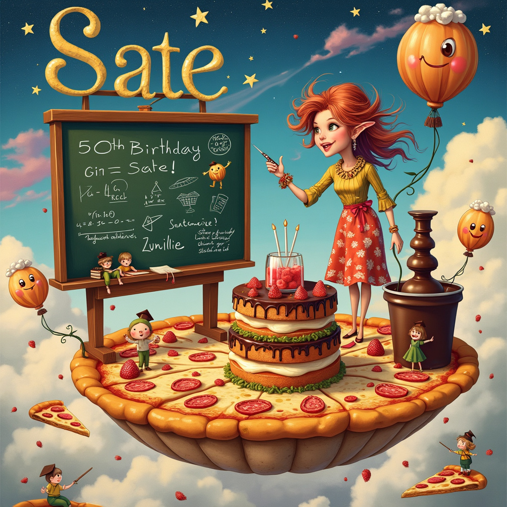 In this whimsical and surreal birthday greeting card illustration, imagine a fantastical classroom set on a floating pizza-shaped island hovering in a vibrant sky streaked with hints of purples and blues, reminiscent of a Maxfield Parrish sky. The recipient's name "Sate" is spelled out in twinkling stars and nestled among fluffy, white clouds.

At the heart of the scene stands a quirky, jubilant female lecturer who is clearly left-handed. She’s holding a giant chocolate bar pointer in her left hand and is gesturing towards a chalkboard with intricate, Aubrey Beardsley-inspired designs. She has wild, flowing hair and wears a colorful, patchwork dress that seems to blend elements of Beatrix Potter's charm and Quentin Blake's expressive line work.

The chalkboard prominently features a swirling mix of mathematical formulas, botanical sketches, and literary quotes, drawn in an elegant, Gustave Doré style. In the corner of the classroom, an anthropomorphic, N.C. Wyeth-inspired gin bottle stands proudly on a desk, adorned with a small pair of spectacles and a mortarboard hat, acting as an assistant lecturer.

To celebrate the 50th birthday theme, a giant cake sits atop the lecturer’s desk, with layers alternating between chocolate and vanilla, decorated in a classic Norman Rockwell style. The cake has intricate, tiny figurines performing a variety of academic activities, with "Happy 50th Birthday Sate!" written in icing on the topmost layer. Beside the cake, a mischievous chocolate fountain flows endlessly, with miniature figures of Edward Gorey-like characters dipping strawberries and marshmallows.

Floating around the scene are Maurice Sendak-inspired whimsical creatures that bring a sense of enchantment, while Arthur Rackham-style vines gently wrap around the classroom items, as if the island itself is alive and celebrating.

Finally, pizzas of various sizes float around the scene like balloons, tied with strings, and some even have faces, happily singing birthday tunes to Sate. The combination of these intricate details creates a rich, vibrant, and fantastical birthday greeting card scene that uniquely celebrates the joy and quirks of Sate’s 50th birthday.
Generated with these themes: Left-handed, 50th birthday, Female Lecturer, Pizza, Chocolate, and Gin.
Made with ❤️ by AI.