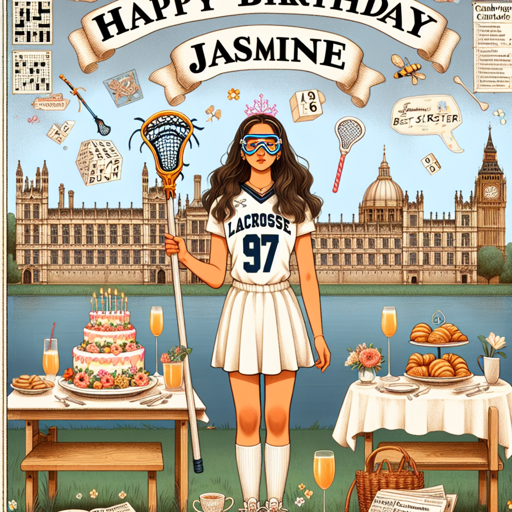 Happy Birthday Jasmine, Lacrosse, Cambridge, Brunch, cake, Team captain, Varsity, Newspaper puzzles, crosswords, sudoku, and Best sister Birthday Card