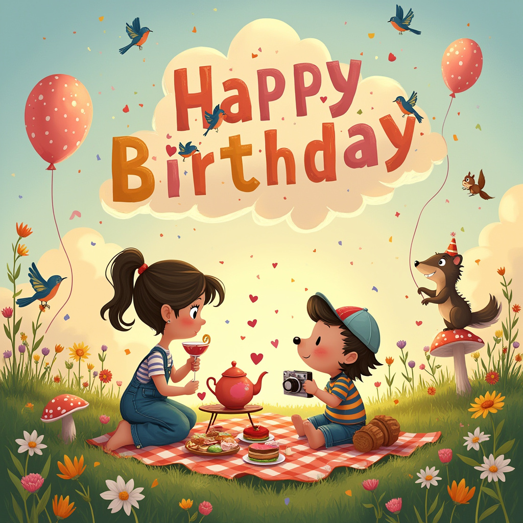 In the center of the card, imagine an enchanting, whimsical meadow bathed in the golden glow of a late afternoon sun. Nestled among the gently swaying wildflowers is a charming picnic setup. A lush, checkered blanket is spread out on the emerald grass, and atop it sits an array of delightful treats—tiny sandwiches, colorful macarons, and a whimsical teapot shaped like a plump, grinning cat. 

On the left side, perched on a dainty mushroom with a parasol of rainbow-colored petals, is a delightful cartoon character inspired by a fusion of Peanuts and Calvin and Hobbes—she's the cutest sister. Her oversized glasses are perched on her small nose, her striped shirt peeking out beneath her overalls, and her pigtails seem to dance in the gentle breeze. In her hand, she clutches a heart-shaped balloon, playfully tugging at its string as it sways in the air.

To the right, her sibling, an endearing figure echoing elements from Astro Boy and Tintin, enthusiastically holds a polaroid camera, capturing the joyful moment. His cap is slightly askew, and he's dressed in a t-shirt adorned with tiny illustrations of classic Disney characters, suggesting a bond of shared interests and love.

The backdrop is a majestic sky, a canvas of gentle pastel hues, where fluffy clouds form into the words "Happy Birthday Shiza Sadaqat" in a playful, comic sans-inspired font. The letters appear to be stitched together like a string of soft cotton candy. A family of cartoon bluebirds, reminiscent of Winsor McCay's vibrant storytelling, flutters around the letters, cheerfully chirping in celebration.

In the distance, a small, quirky hedgehog is seen trying to pop a confetti-filled balloon with its tiny spines, providing a dash of humor à la Gary Larson. Nearby, a sprightly squirrel, dressed in a comically oversized party hat, is busy juggling acorns, its antics adding an extra layer of playful chaos to the scene.

Every element in this scene is meticulously detailed, from the shimmering dew on the grass to the whimsical designs on the picnic crockery, creating a vivid, heartwarming tableau that beautifully blends elements of love and sisterhood.
Generated with these themes: Cutest Sister, and Love.
Made with ❤️ by AI.
