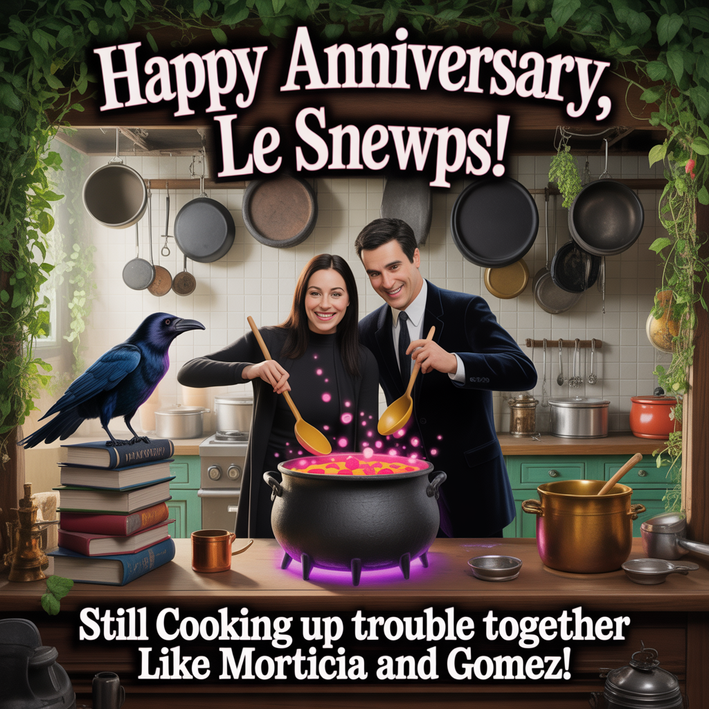 At the top of the image, "Happy Anniversary, le Snewps!"

- Add at the bottom of the image, "Still cooking up trouble together like Morticia and Gomez!"

- In the center of the image, capture a photorealistic scene of a kitchen with pots and pans hanging from the ceiling. A playful raven is perched on a stack of cookbooks, while lush green plants encircle the scene. In the foreground, a couple, reminiscent of Morticia and Gomez Addams, are cheekily stirring a cauldron bubbling over with colorful steam. The scene is set with rich textures and accurate lighting to capture the magical chaos of a culinary adventure.
Generated with these themes: Cooking, Plants, Ravens/Crows, Addams Family, dark humor, travel, , and .
Made with ❤️ by AI.