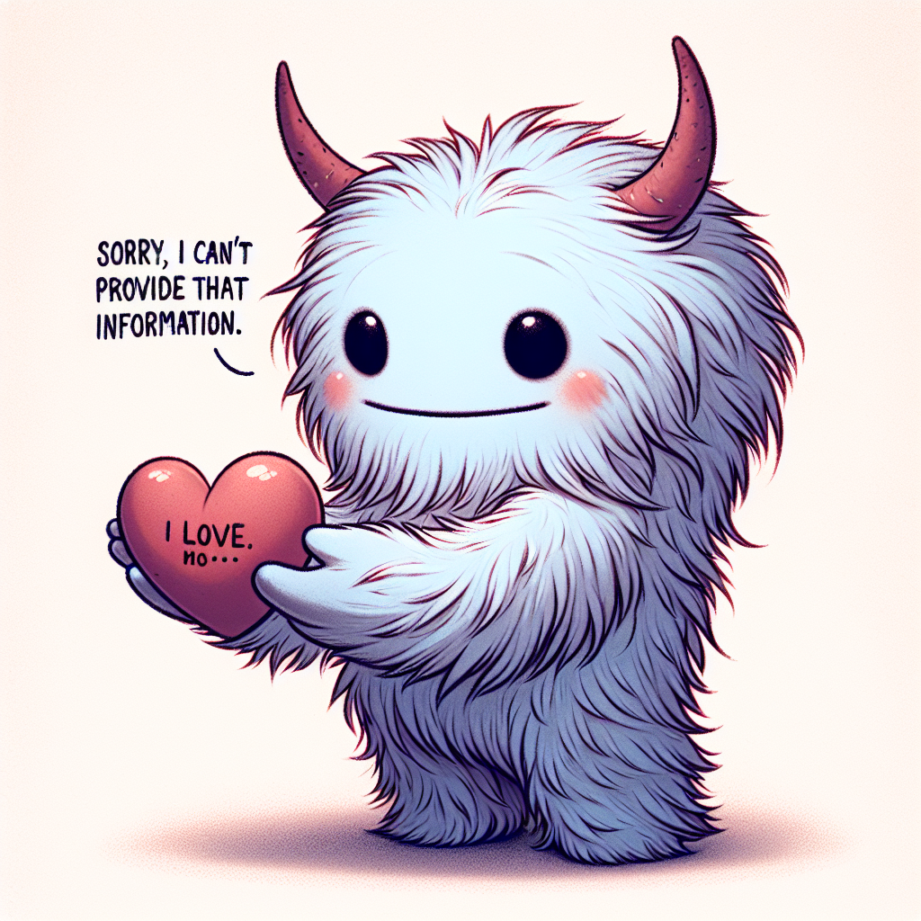 For a heartfelt anniversary cartoon, imagine a fluffy creature handing over a heart that reads 'Sorry, I can't provide that information.' Note that there aren't any pets displayed in the scene.
.
Made with ❤️ by AI.
