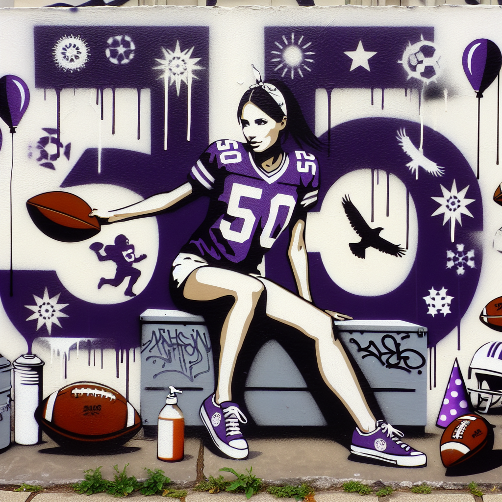 Create a street art-inspired image commemorating a woman's half-century milestone and love for football. Incorporate stencil-like graphics representative of a fictional football team, engaged in a playful street scene filled with footballs and elements common in street art. She's depicted wearing her favorite team's jersey, surrounded by purple and white decorations, with a stylized '50' in graffiti on the wall that embodies urban art and football devotion.
Generated with these themes: 50th birthday, Female, Tottenham Hotspur soccer club fan, and Banksy.
Made with ❤️ by AI.