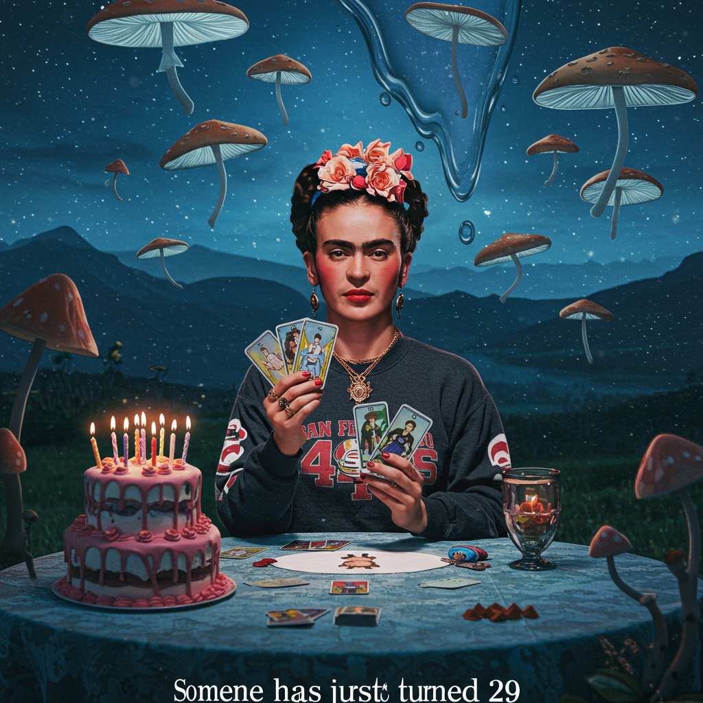 Seance with freida Kahlo wearing a san francisco 49ers sweatshirt, holding tarot cards. candles, birthday cake on the table. floating mushrooms in the background., and Birthday Card
